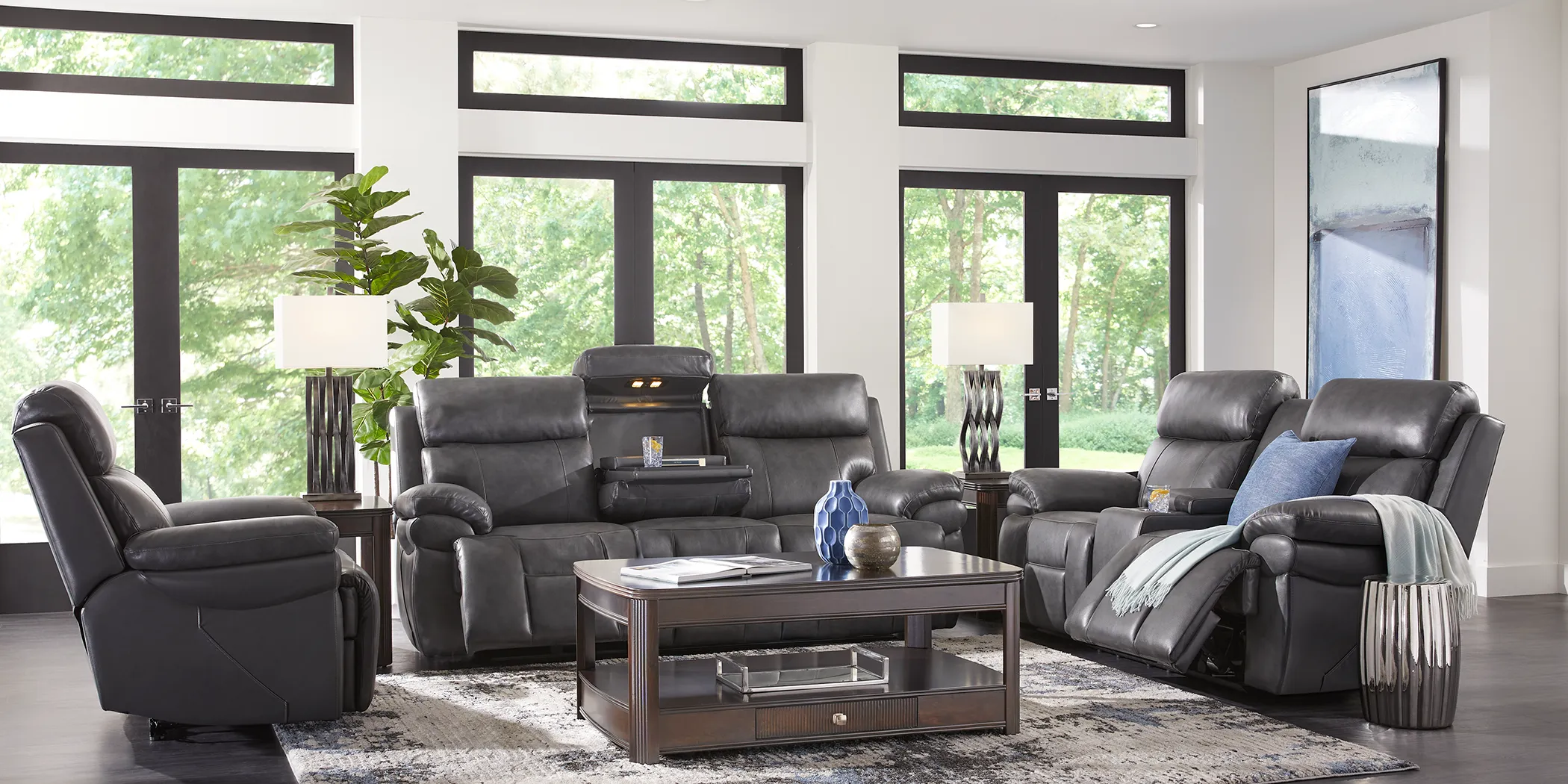 Eastmann Gray Leather 5 Pc Triple Power Reclining Living Room with Air Massage - Thumbnail - Image 2