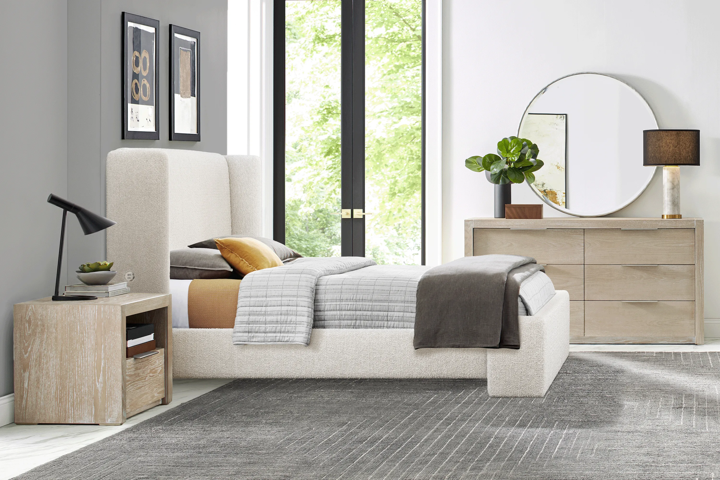 Easton Park Natural 7 Pc Bedroom with Sydney White Queen Upholstered Bed - Thumbnail - Image 1