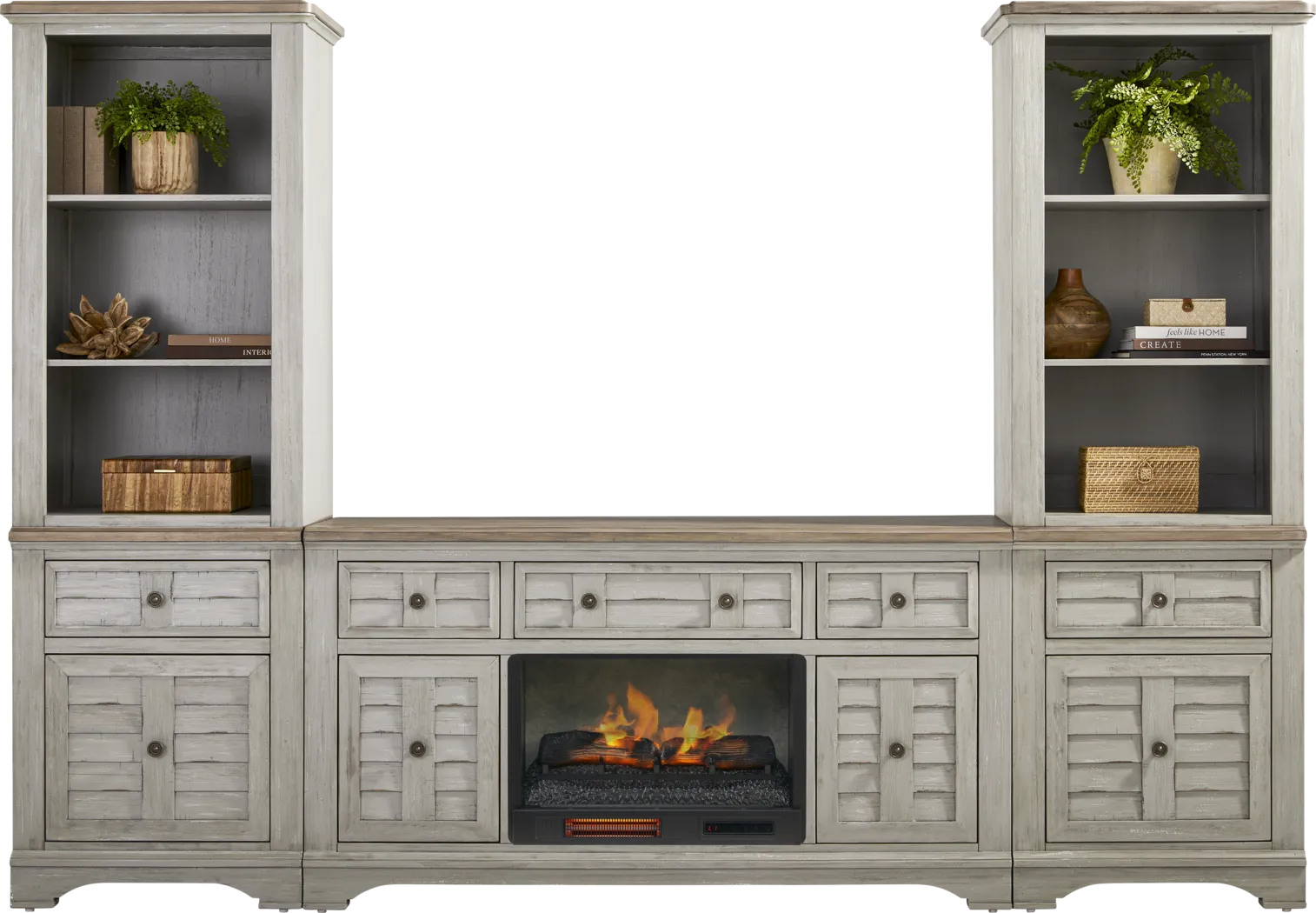 Edisto Bay Gray 3 Pc Wall Unit with 64 in. Console and Electric Log Fireplace - Thumbnail - Image 2