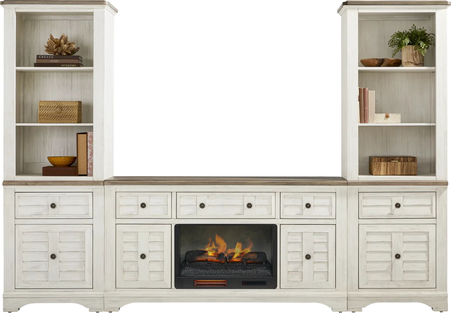 Edisto Bay White 3 Pc Wall Unit with 64 in. Console and Electric Log Fireplace - Thumbnail - Image 2