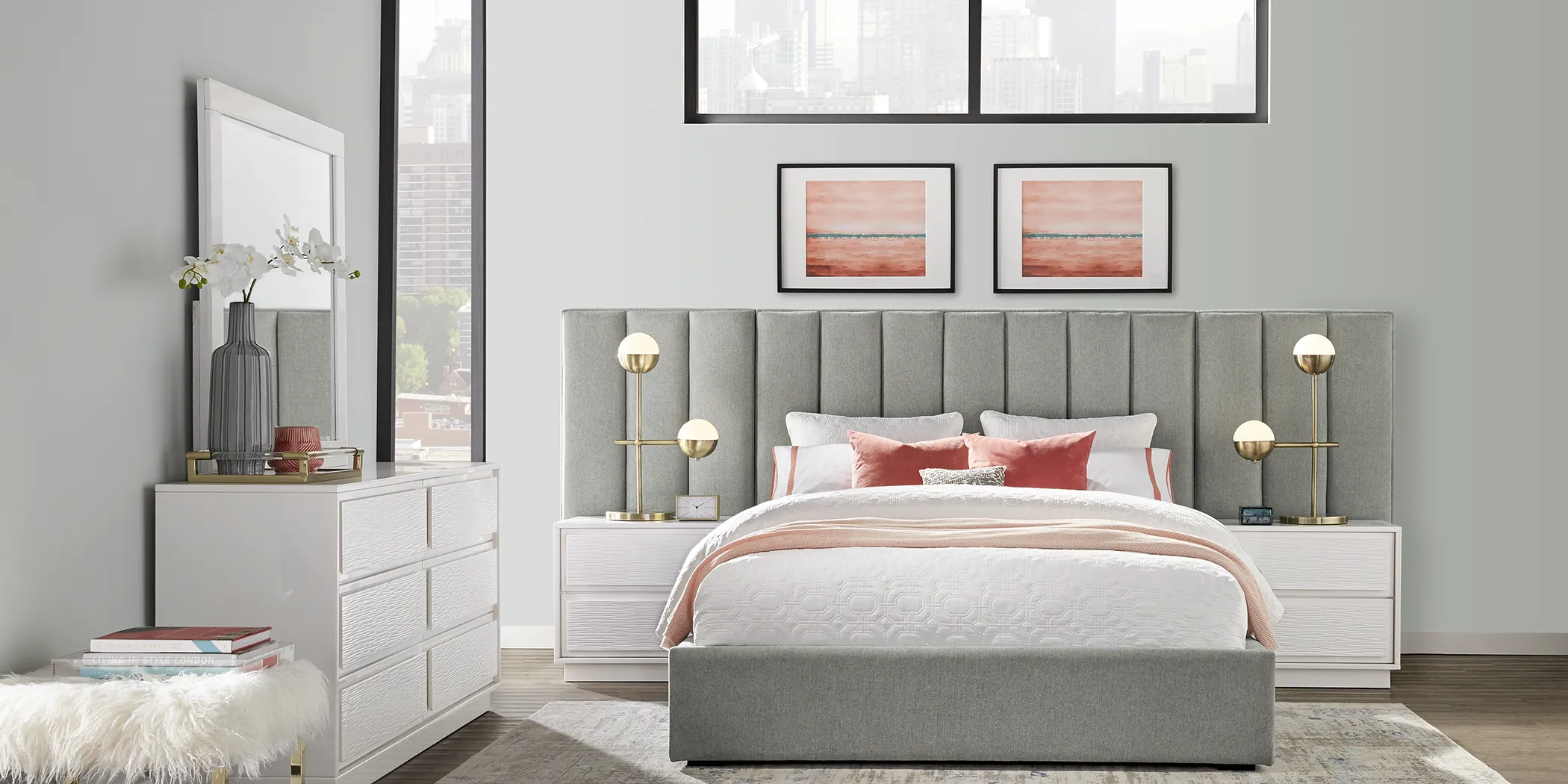 Ellery Way White 7 Pc Queen Bedroom with Gray Upholstered Wall Bed - Thumbnail - Image 1