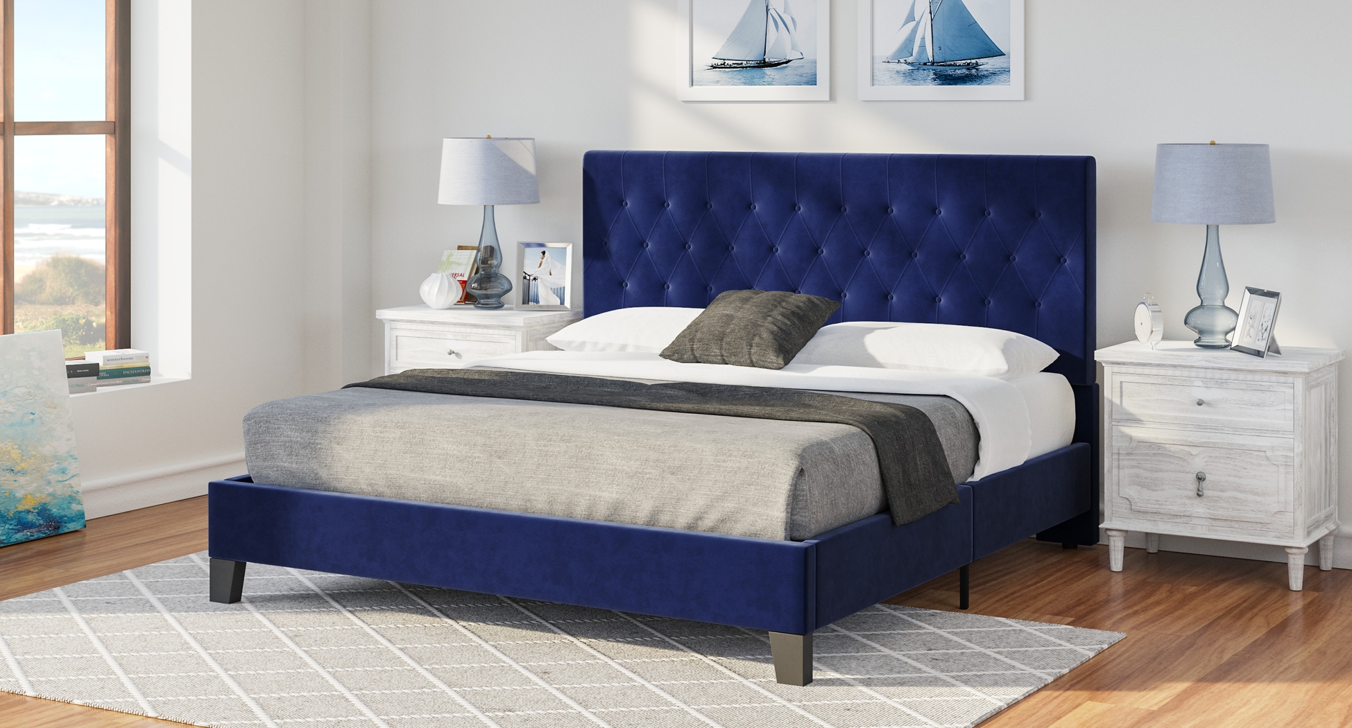 Emeline Navy Blue Queen Upholstered Bed - Thumbnail - Image 6
