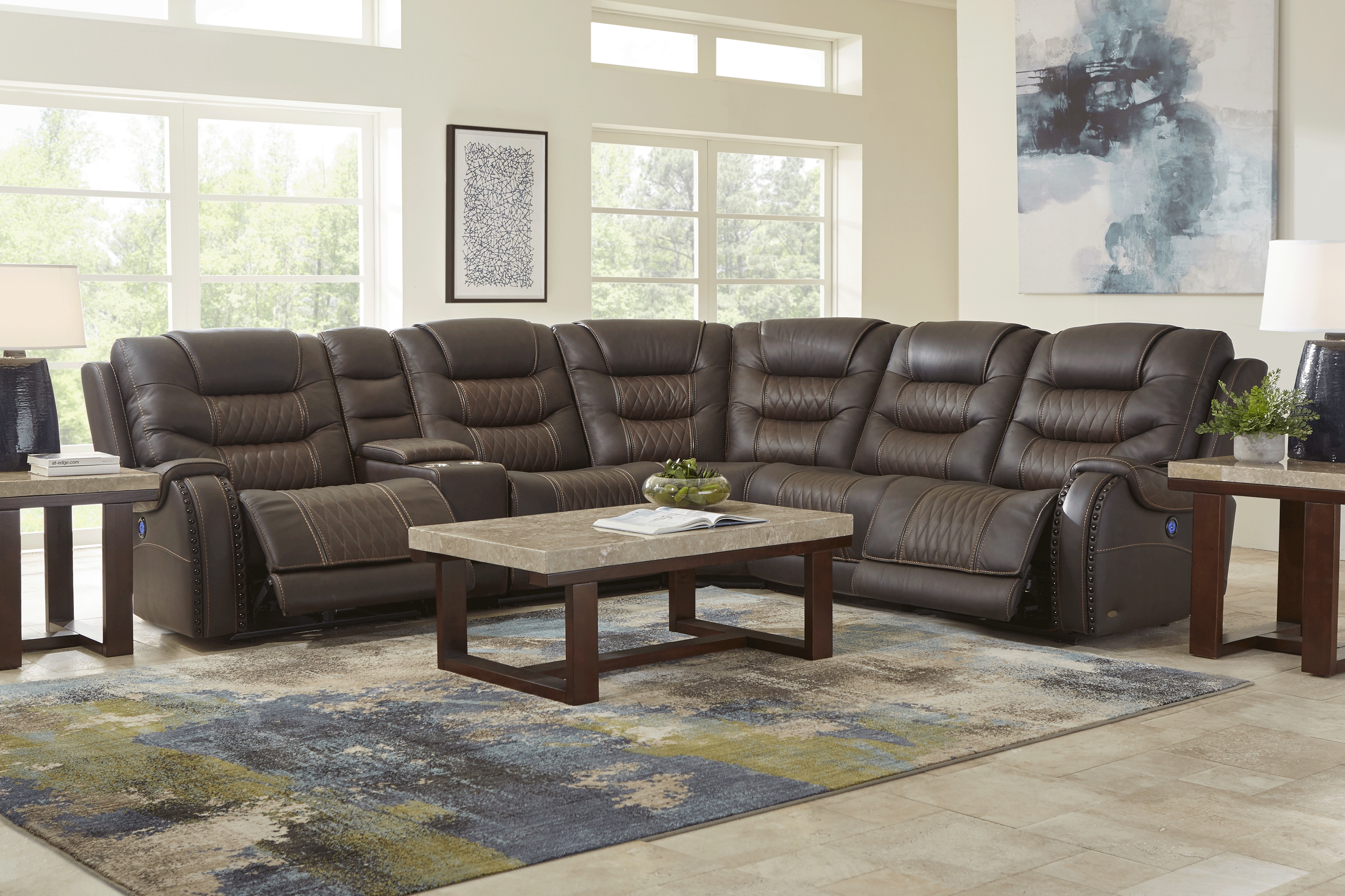 Headliner Brown Leather 6 Pc Dual Power Reclining Sectional - Thumbnail - Image 2