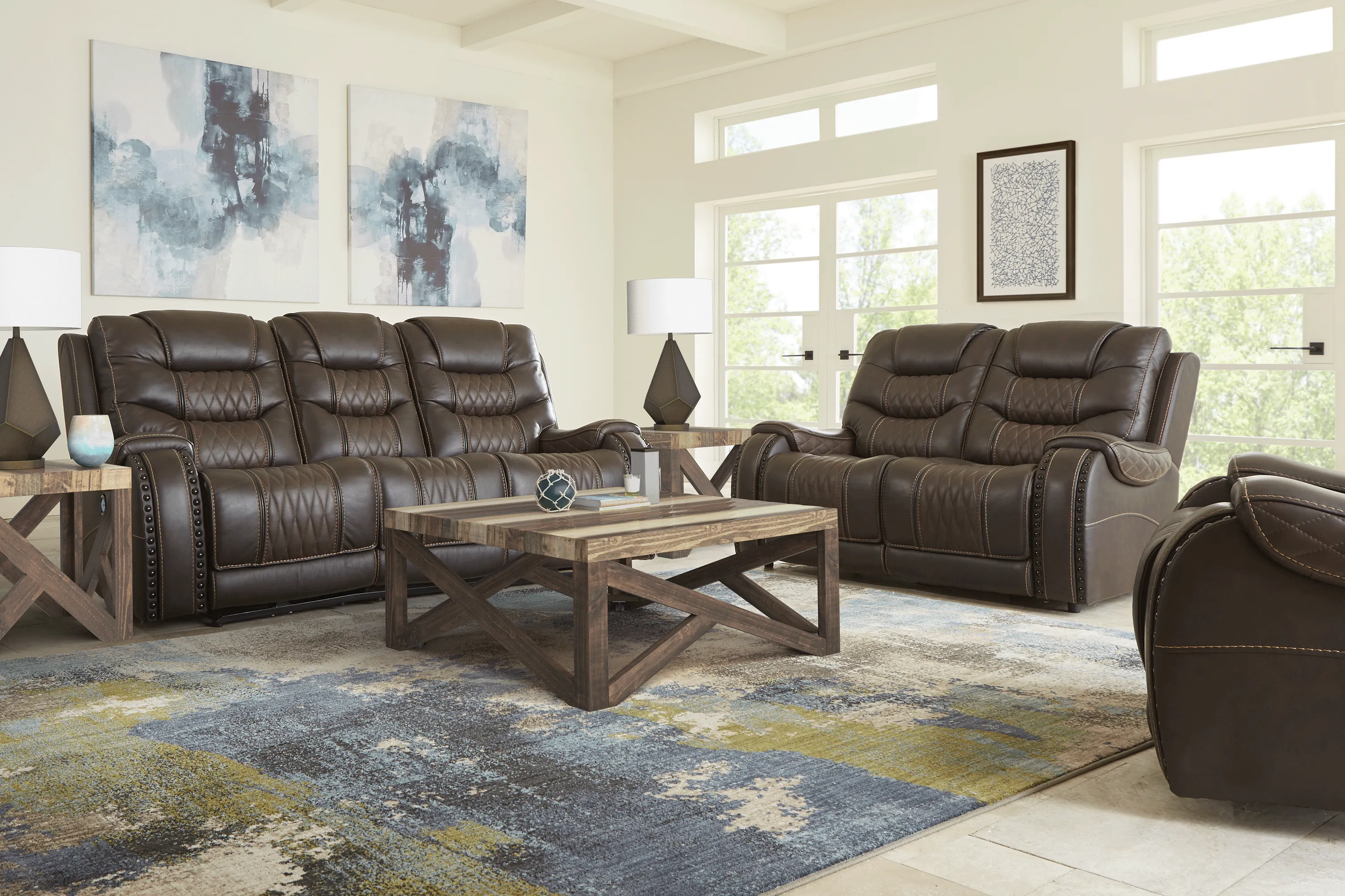 Headliner Brown Leather 7 Pc Living Room with Reclining Sofa - Thumbnail - Image 1
