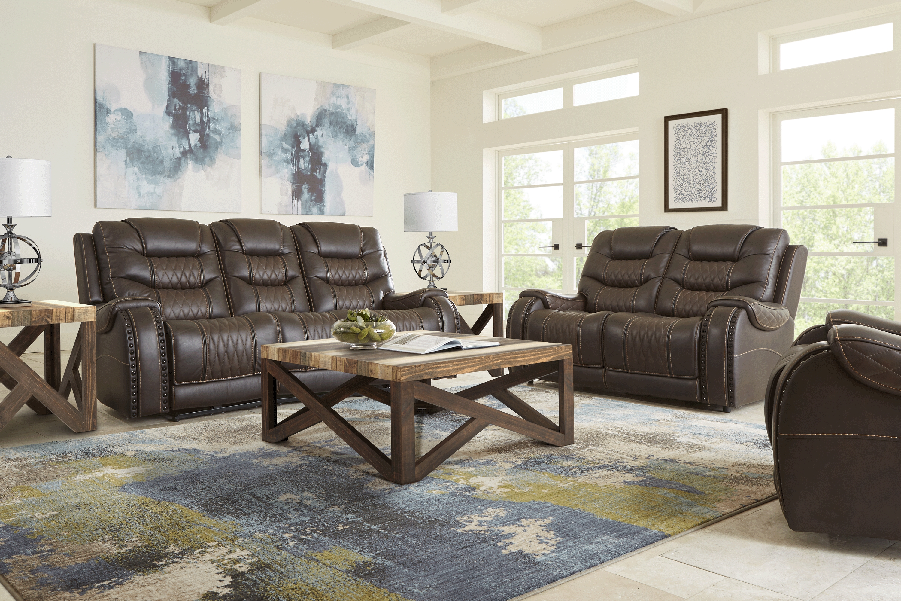Headliner Brown Leather 8 Pc Living Room with Reclining Sofa - Thumbnail - Image 1