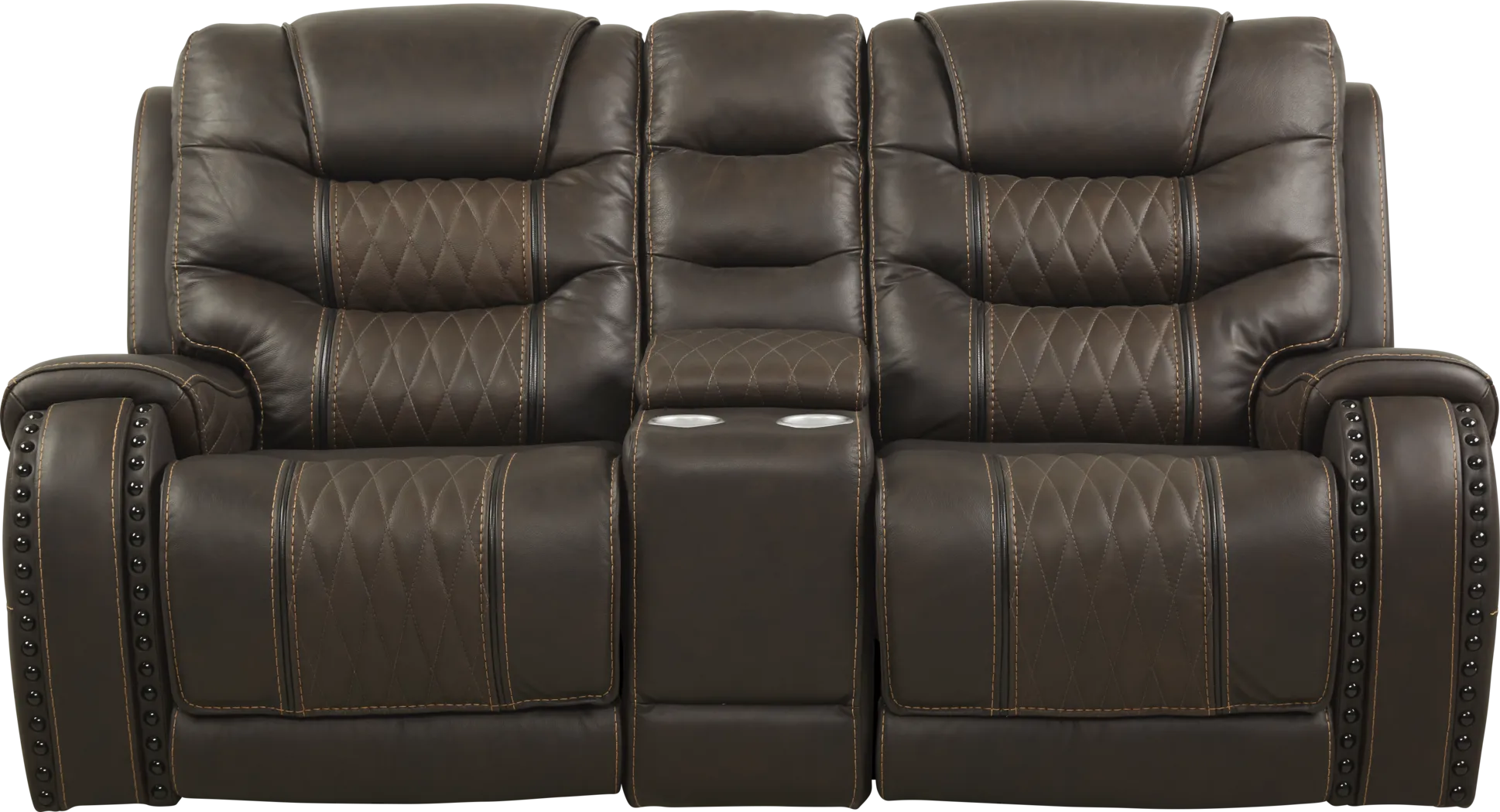 Eric Church Highway To Home Headliner Brown Leather Dual Power Reclining Console Loveseat - Thumbnail - Image 1