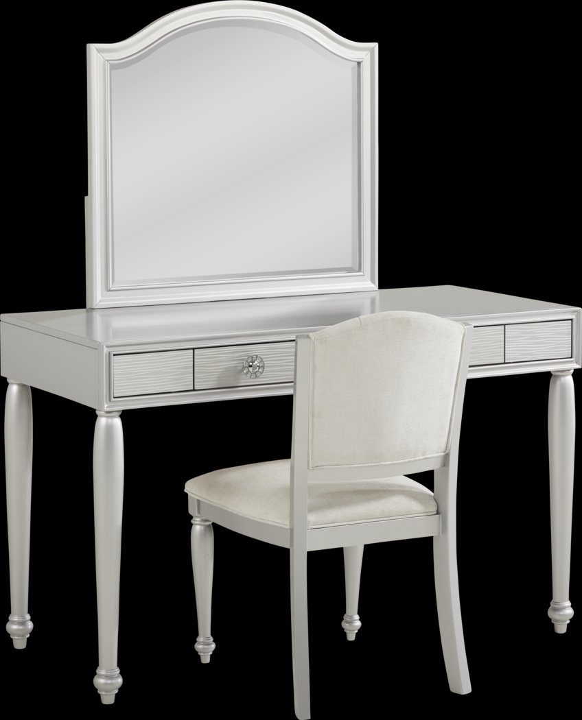 Evangeline Silver Vanity Desk with Mirror and Chair Set - Thumbnail - Image 2
