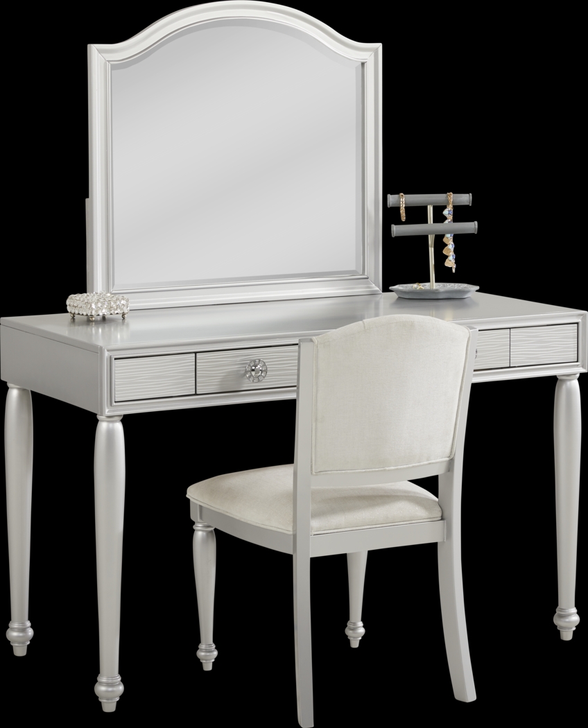 Evangeline Silver Vanity Desk with Mirror and Chair Set - Thumbnail - Image 3