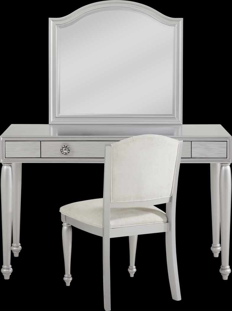 Evangeline Silver Vanity Desk with Mirror and Chair Set - Thumbnail - Image 1