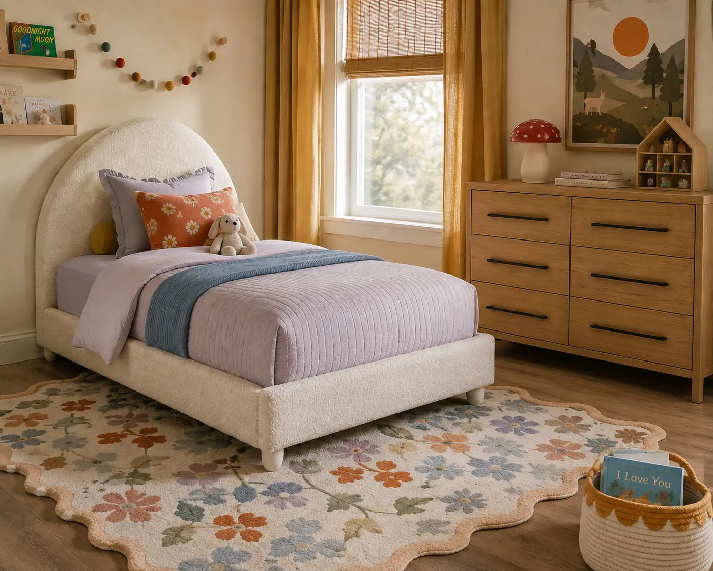 A cozy child's bedroom featuring a cream-colored upholstered bed, a wooden dresser, and a floral-patterned area rug.