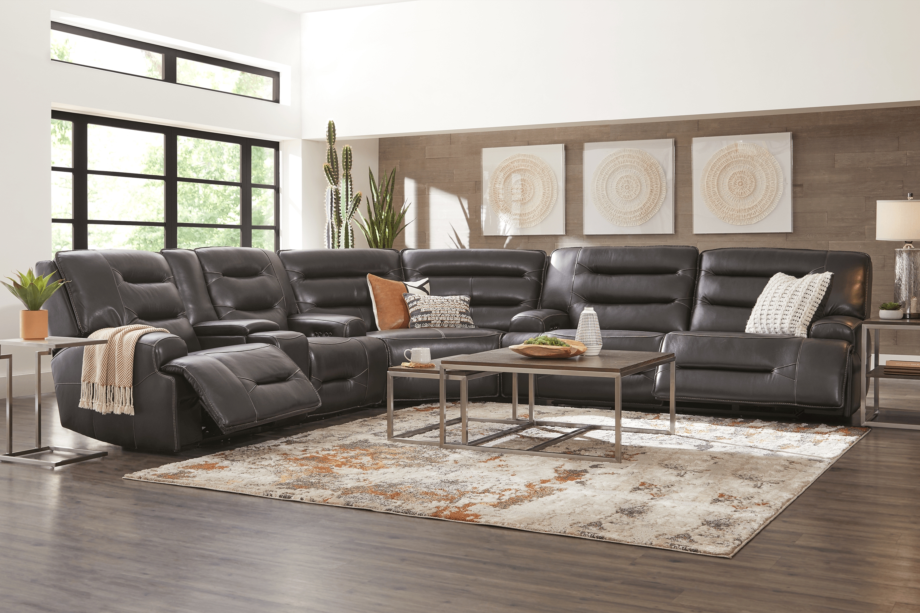 Farona Black Cherry Leather 6 Pc Dual Power Reclining Sectional Living Room - Thumbnail - Image 1