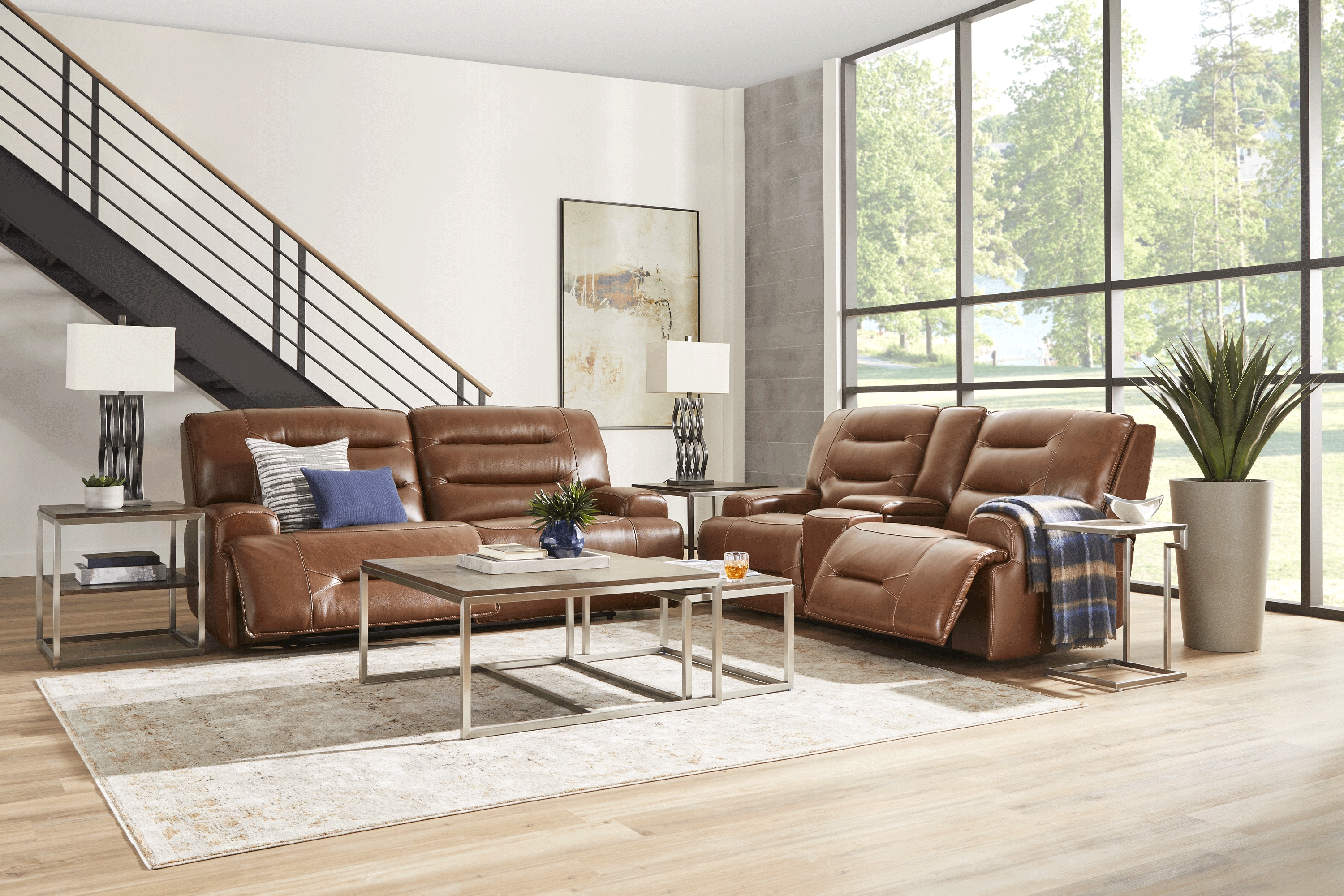 Farona Caramel Leather 7 Pc Dual Power Reclining Living Room - Thumbnail - Image 1