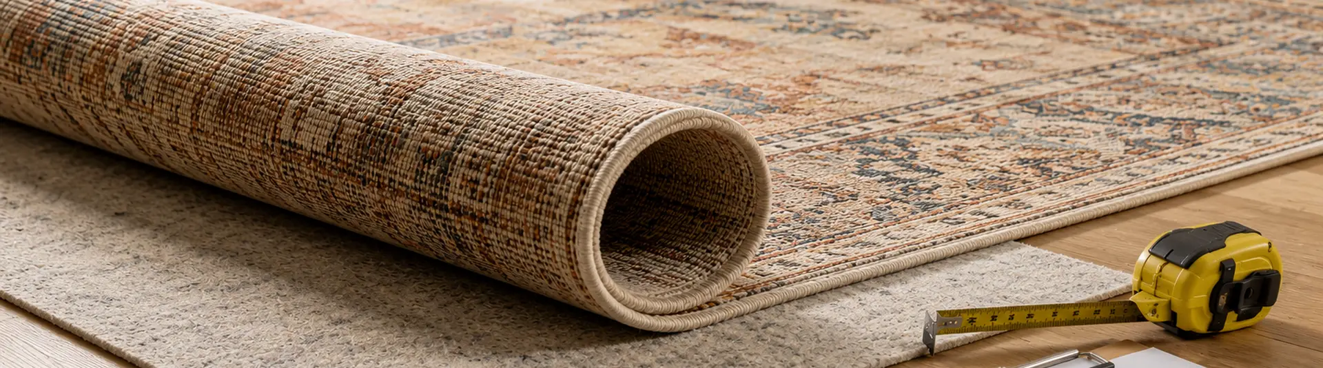 a rolled up rug on top of a rug pad with a tape measure and notepad