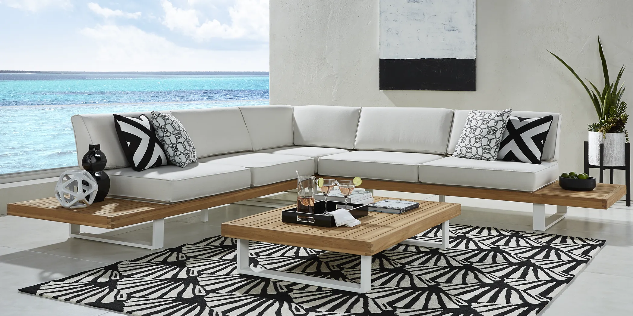 Platform 3 Pc Outdoor Sectional with White Sand Cushions - Thumbnail - Image 2