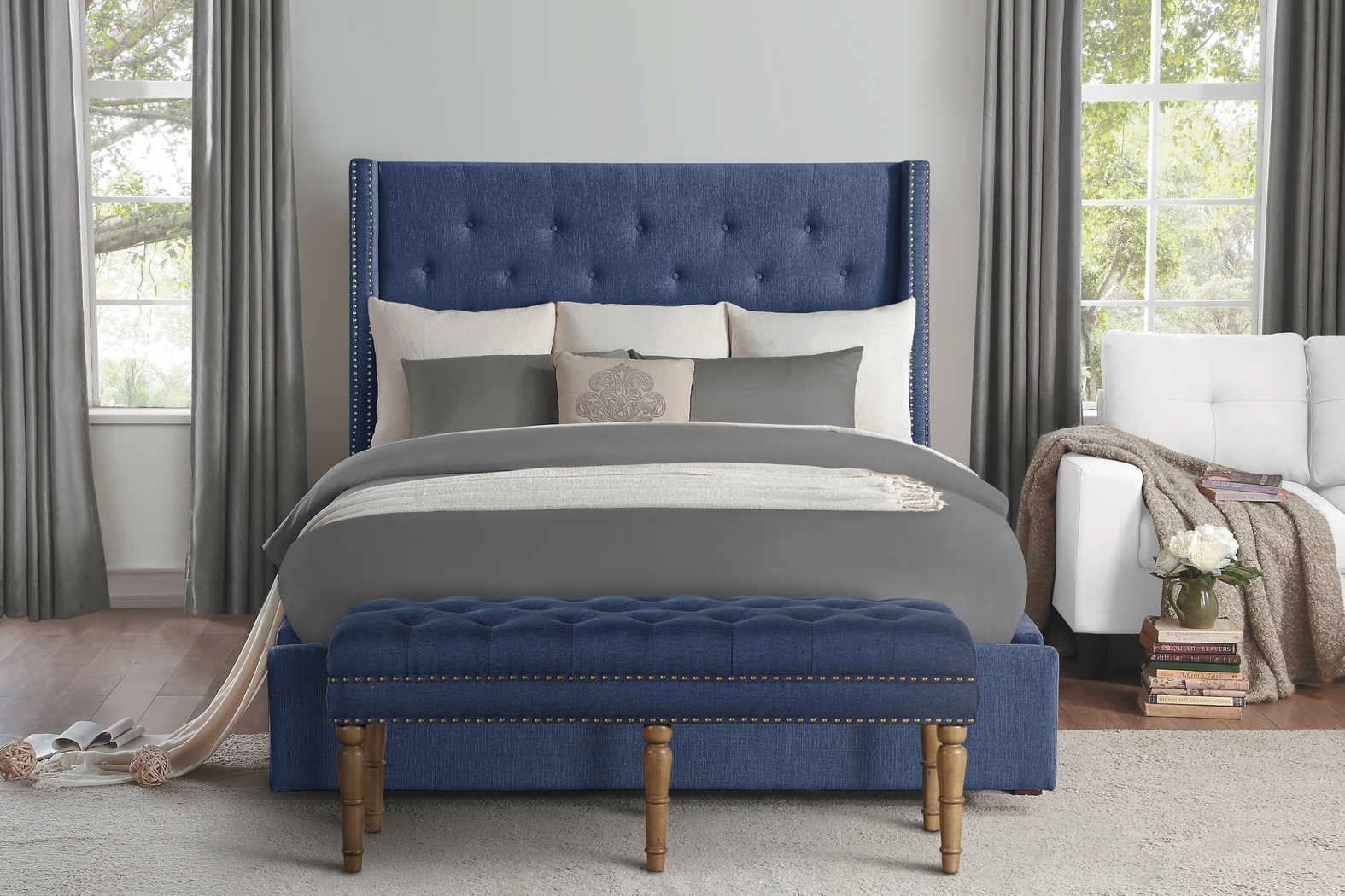 Fittonia Blue Upholstered Bench - Thumbnail - Image 2