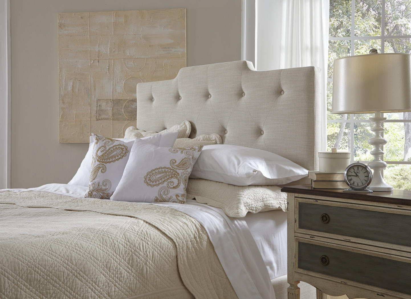 Flannery Beige Queen Upholstered Bed - Thumbnail - Image 2