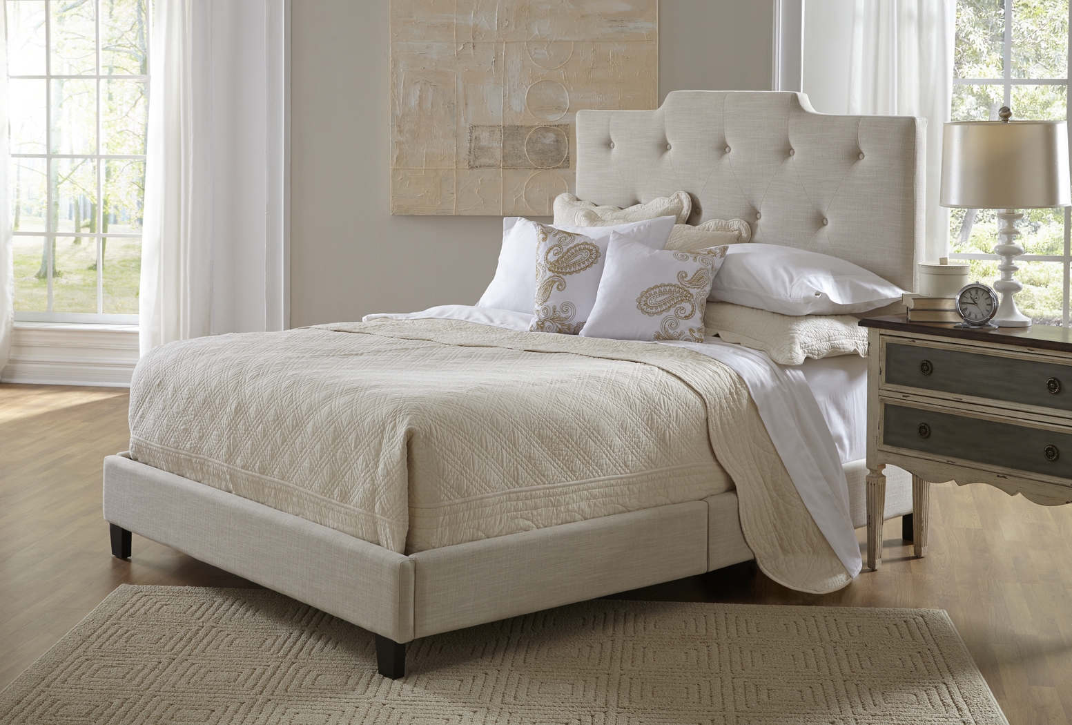 Flannery Beige Queen Upholstered Bed - Thumbnail - Image 5