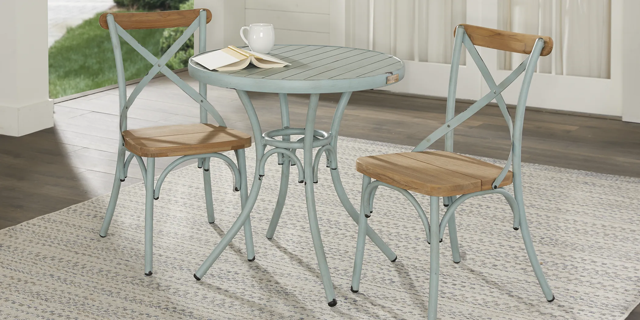 French Cafe Teal 3 Pc 30 in. Round Outdoor Dining Set - Thumbnail - Image 1