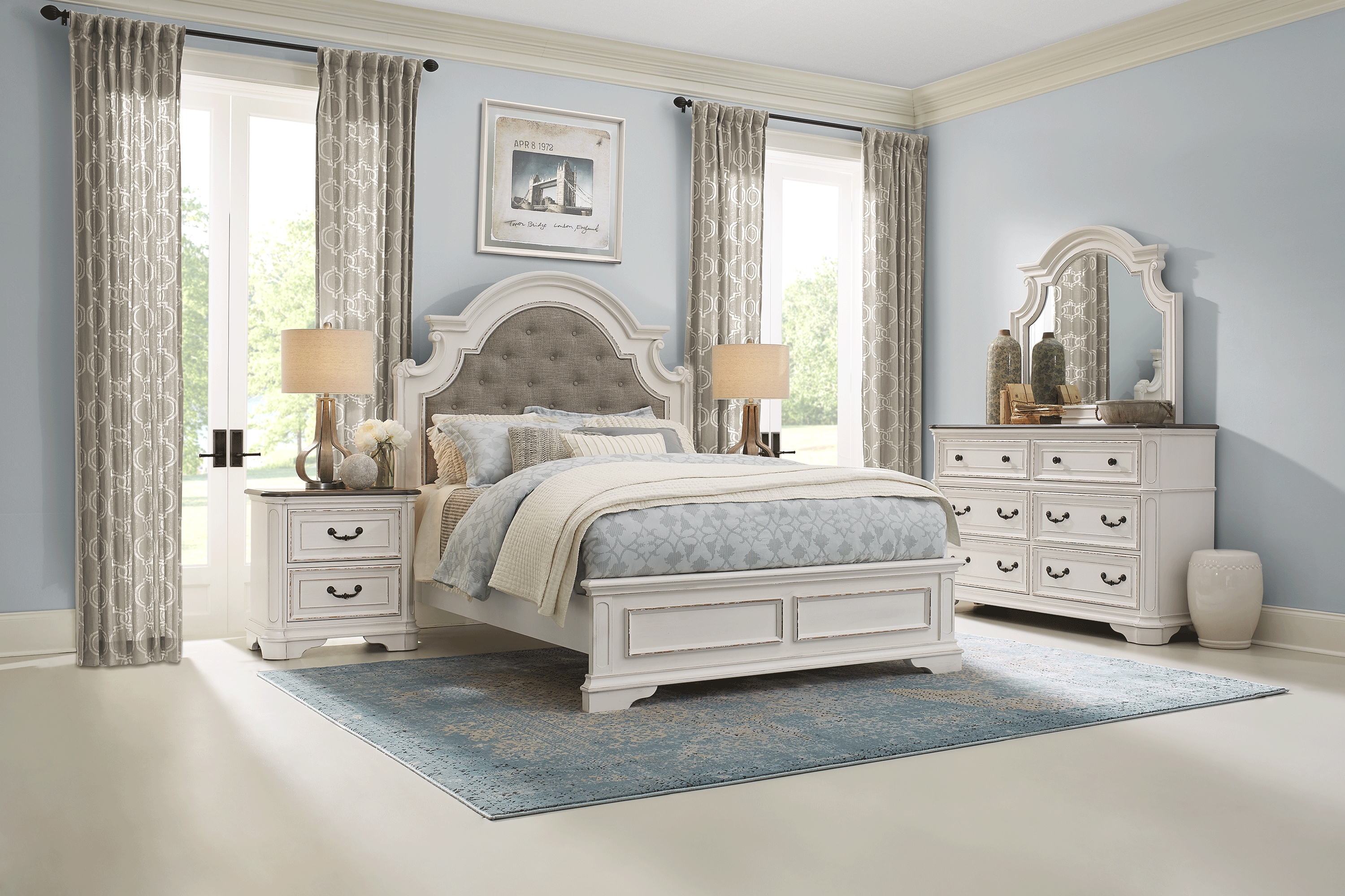 French Market White 3 Pc Queen Upholstered Bed - Thumbnail - Image 2