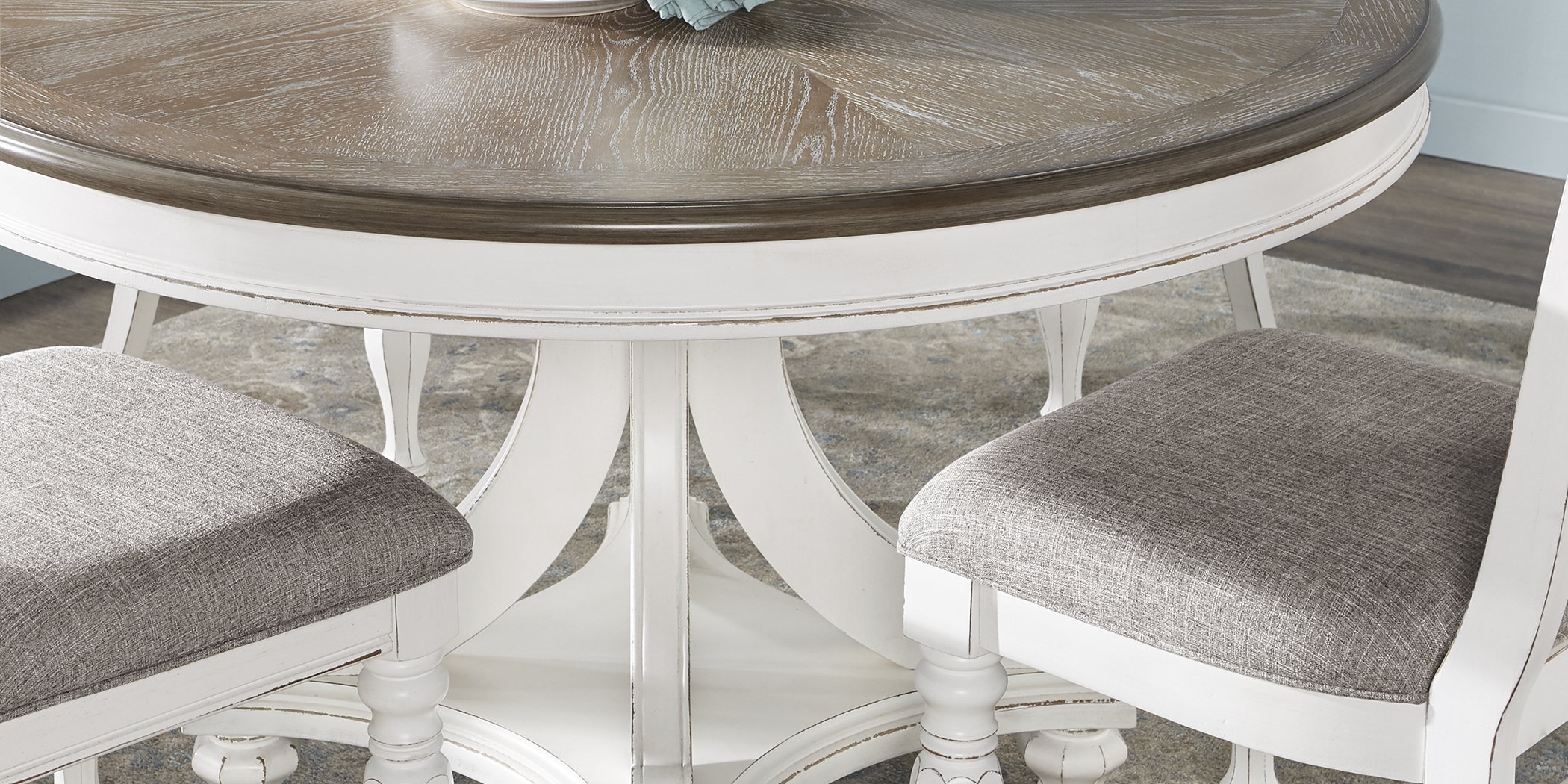 French Market White 5 Pc Round Dining Room with Upholstered Chairs - Thumbnail - Image 2