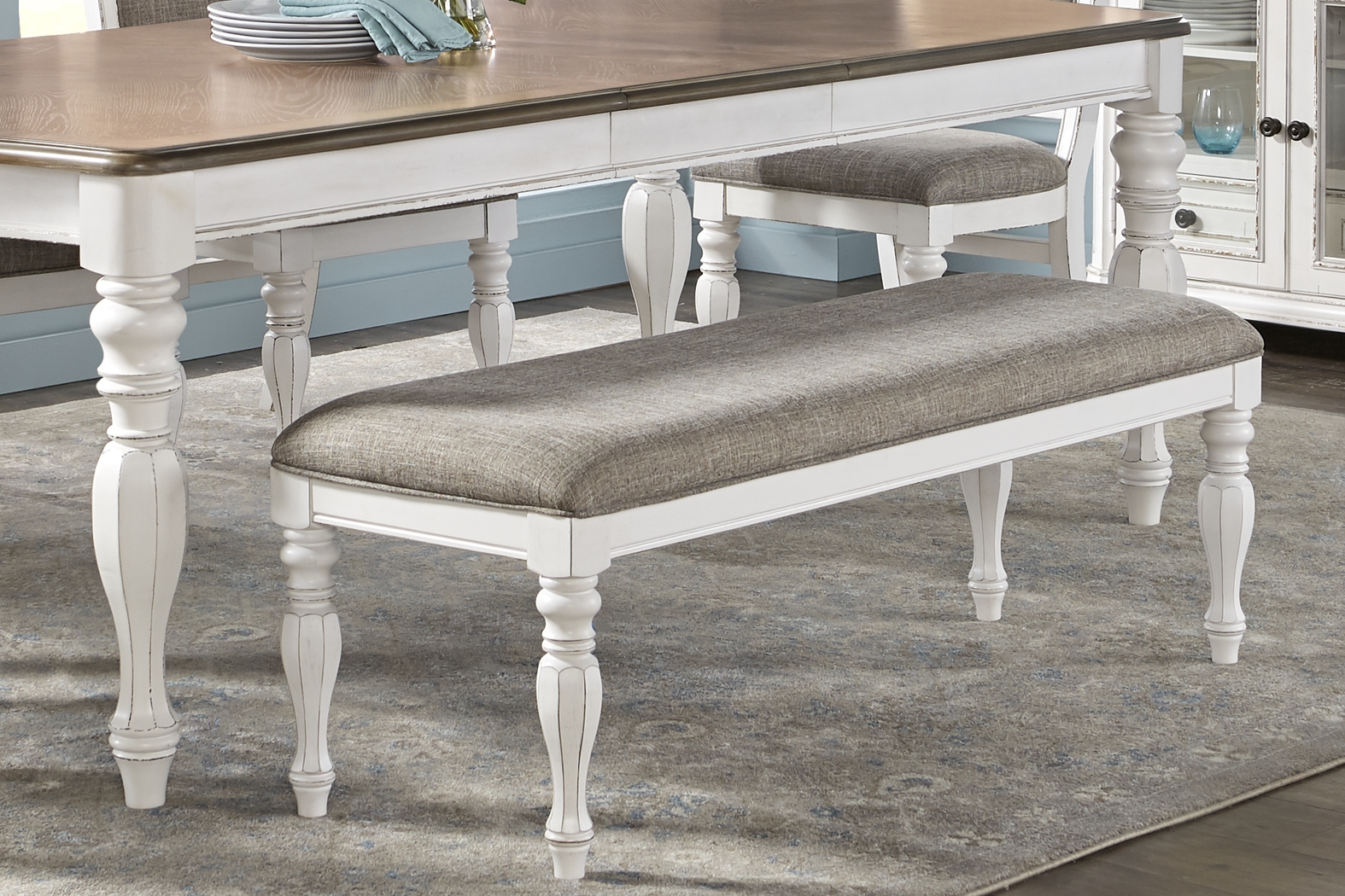 French Market White 6 Pc Rectangle Dining Room with Upholstered Chairs and Dining Bench - Thumbnail - Image 7