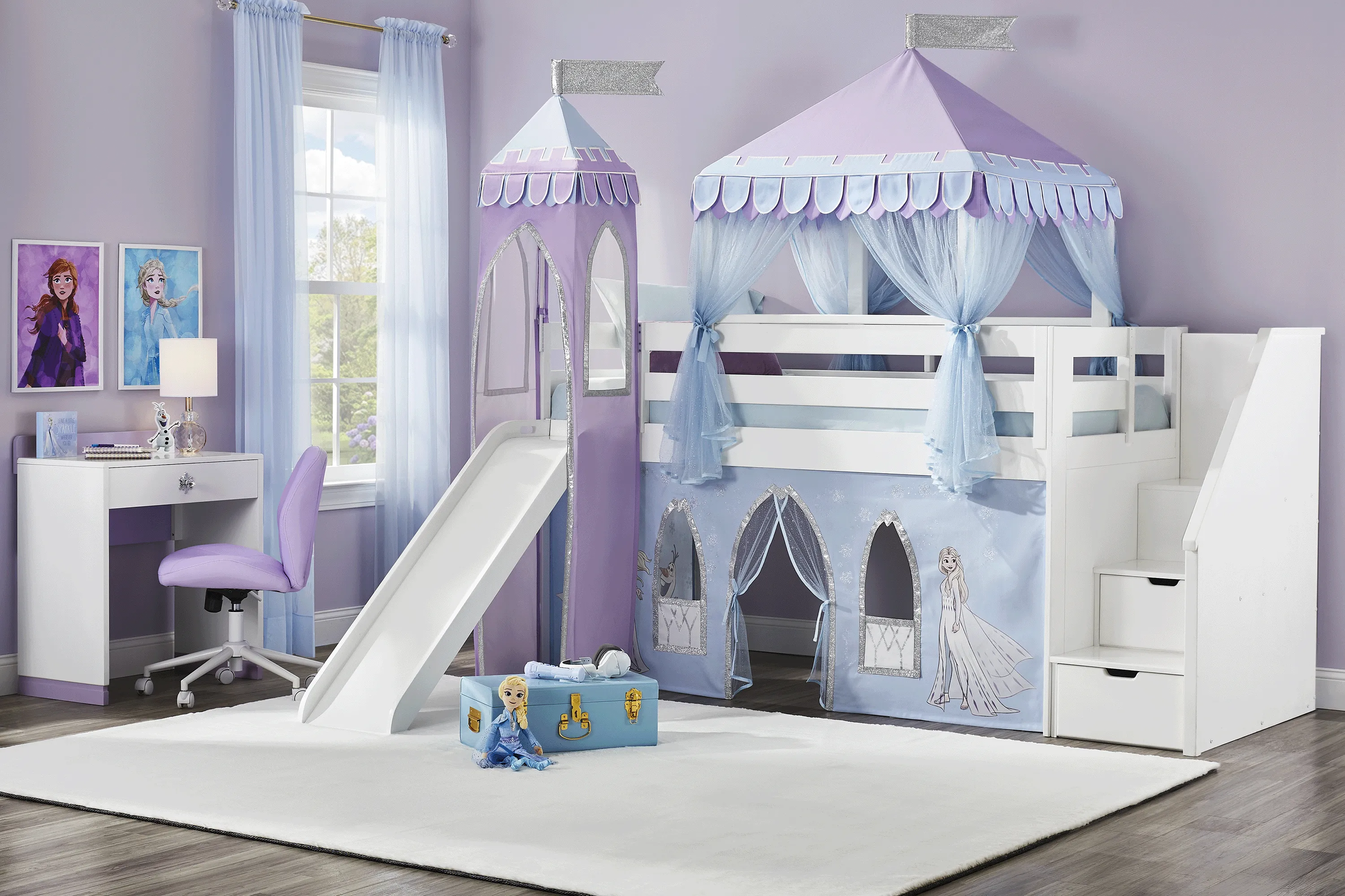 Frozen White Twin Low Step Loft with Slide, Tent & Tower - Thumbnail - Image 2