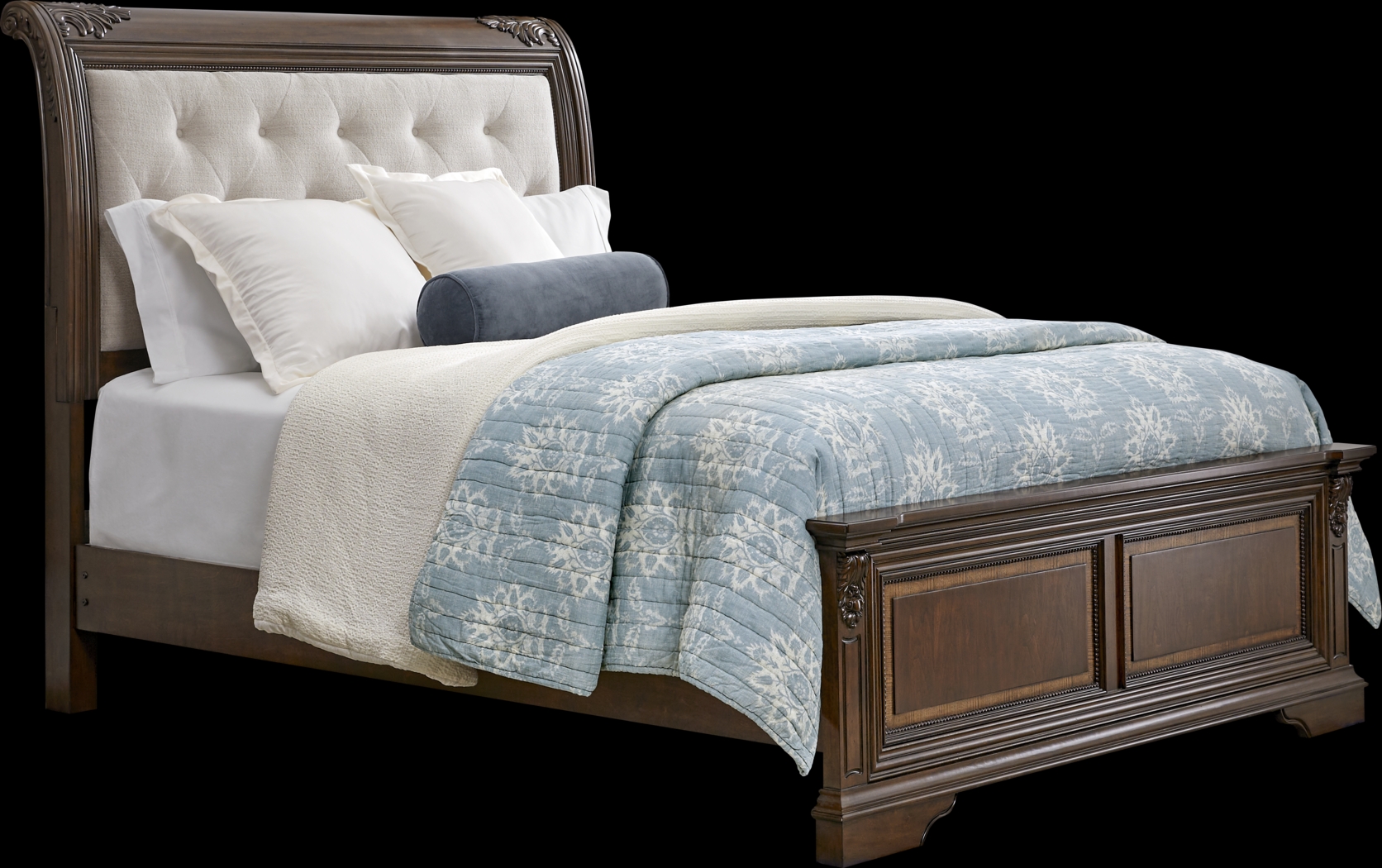 Fuller Brown Cherry Finish 5 Pc Queen Upholstered Sleigh Bedroom - Thumbnail - Image 2