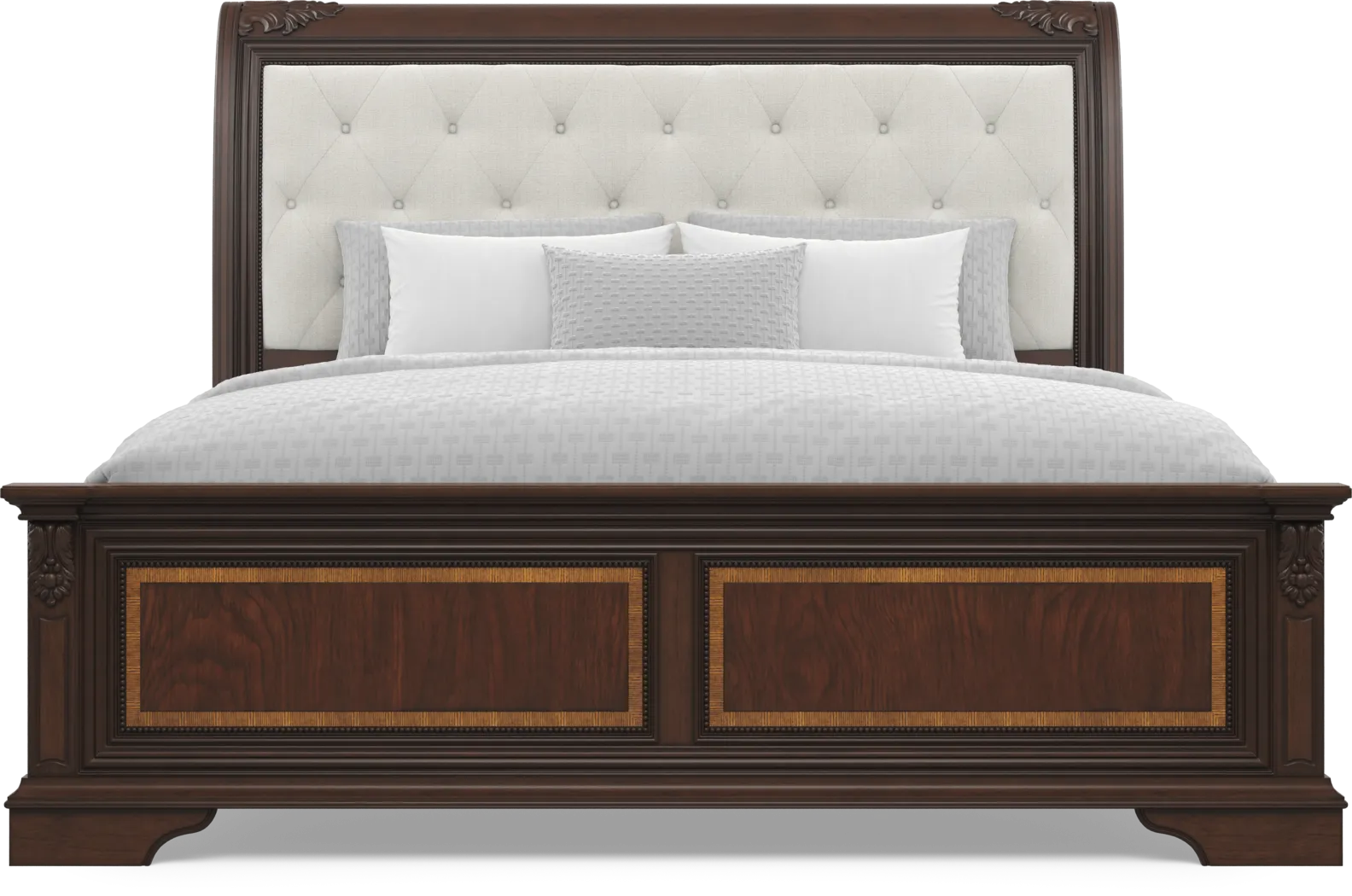 Fuller Brown Cherry Finish 5 Pc King Upholstered Sleigh Bedroom - Thumbnail - Image 3