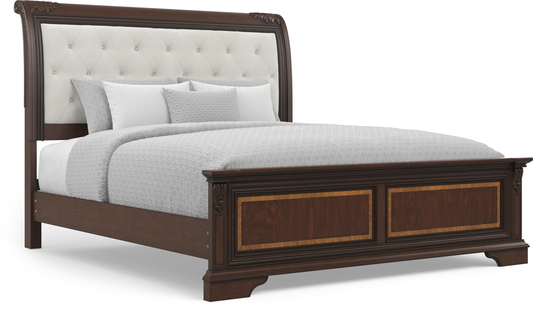 Fuller Brown Cherry Finish 5 Pc King Upholstered Sleigh Bedroom - Thumbnail - Image 2