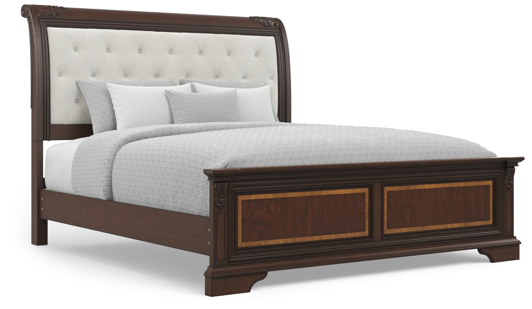 brown cherry 3 pc king upholstered sleigh bed