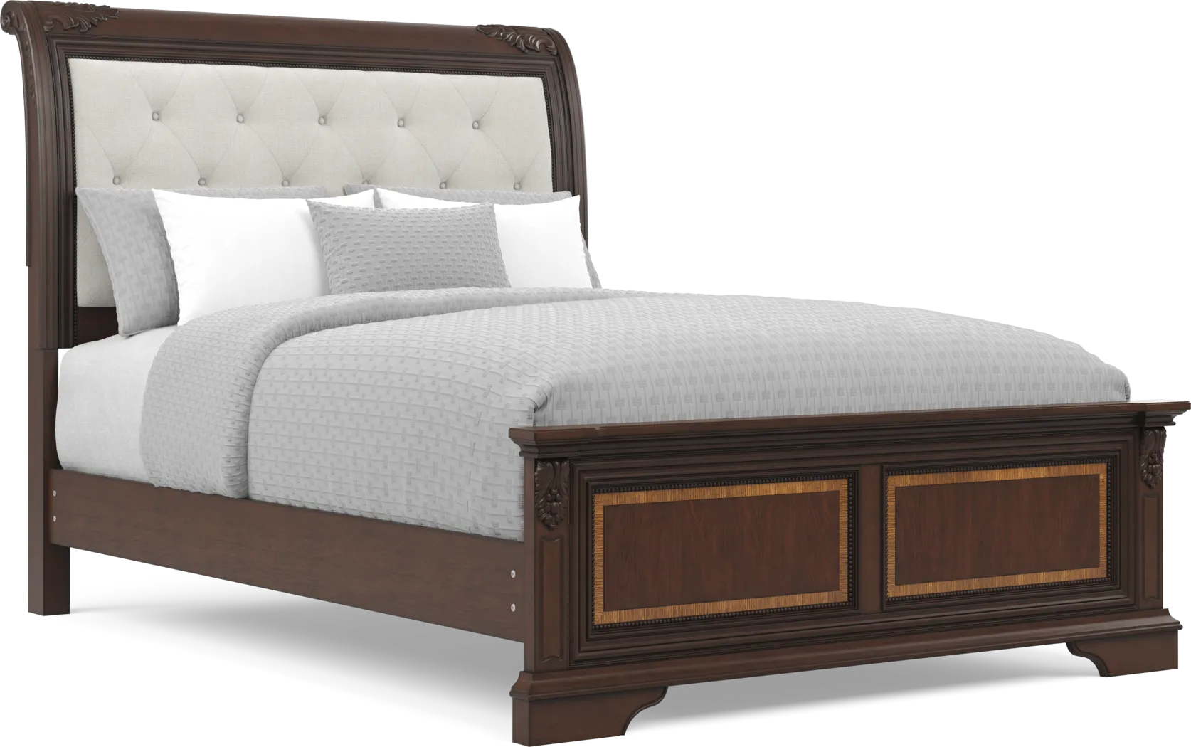 Fuller Brown Cherry Finish 7 Pc Queen Upholstered Sleigh Bedroom - Thumbnail - Image 2