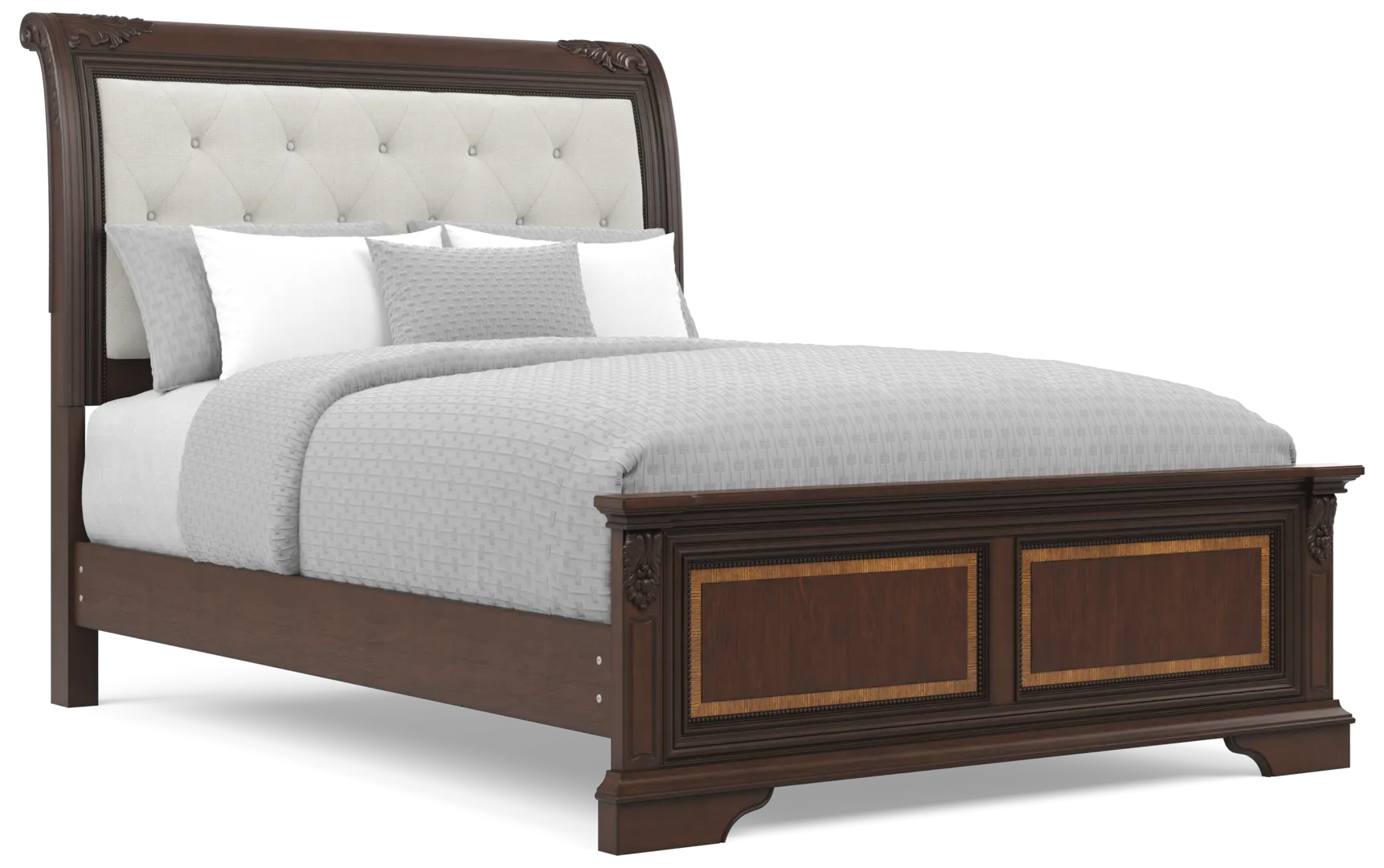 brown cherry 3 pc queen upholstered sleigh bed