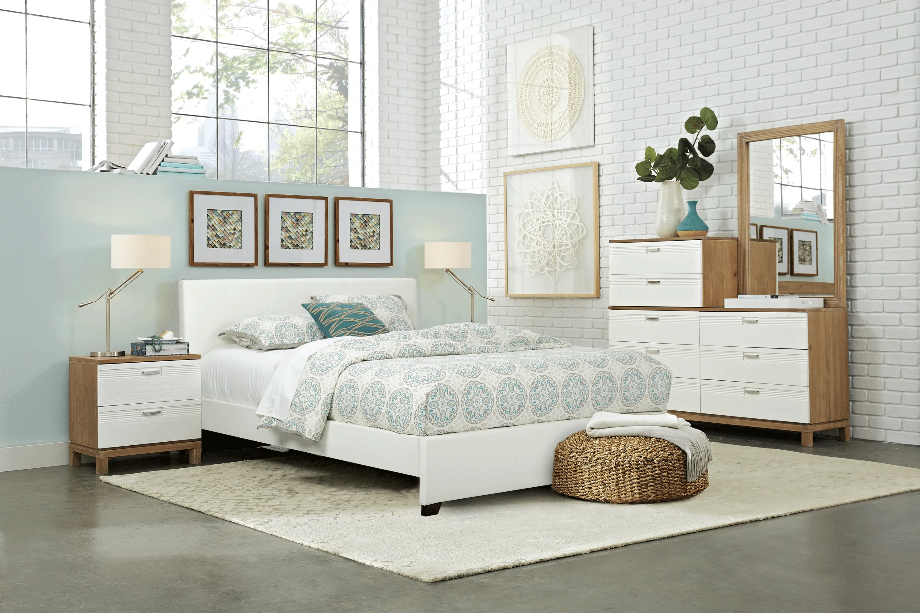 Gardenia Pecan 6 Pc Queen Bedroom with White Upholstered Bed - Thumbnail - Image 1