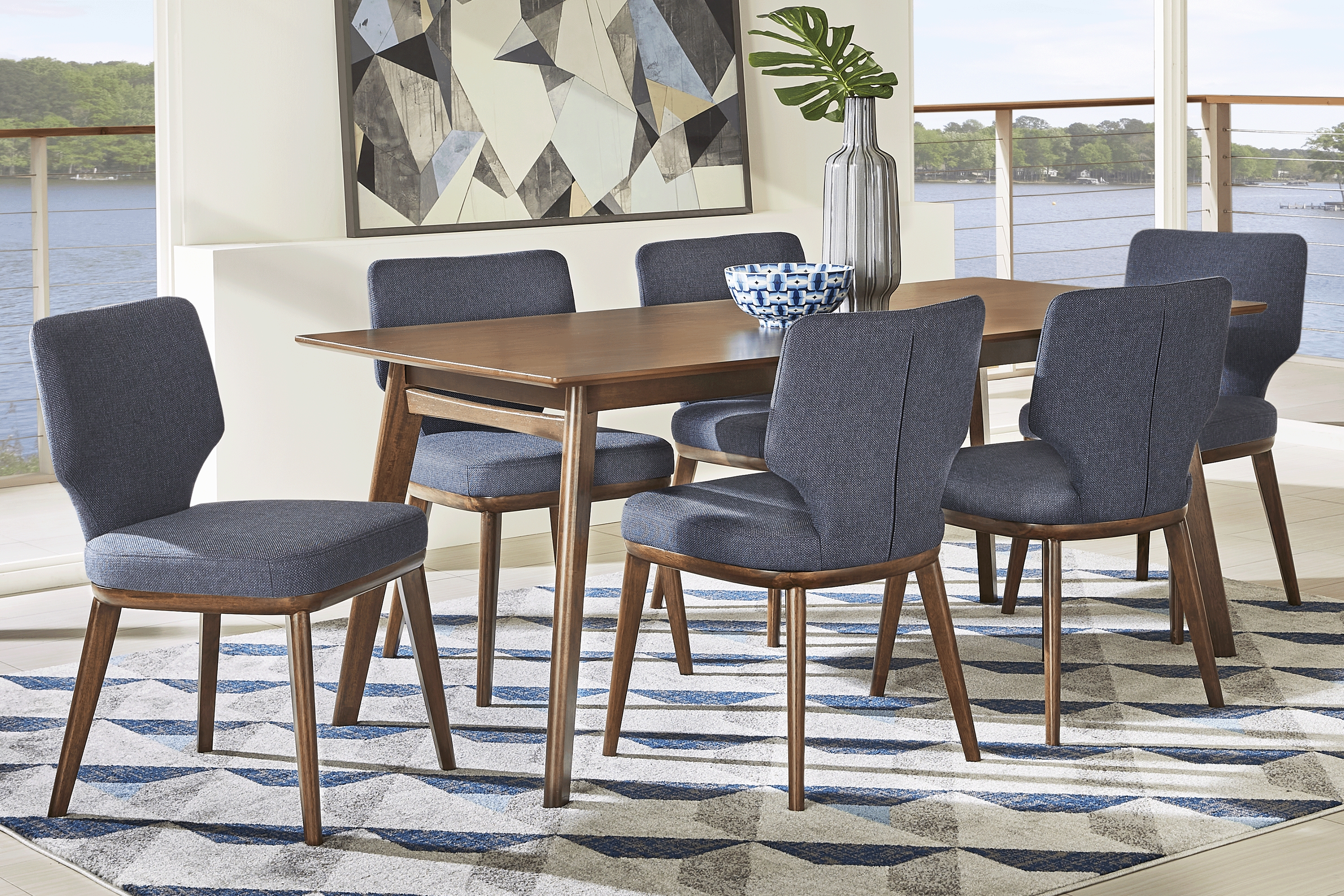 Genaro Brown 7 Pc Dining Room with Blue Chairs - Thumbnail - Image 1