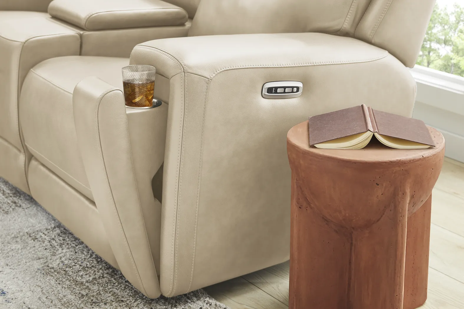 Genesis Beige Leather Dual Power Reclining Console Loveseat - Image 9