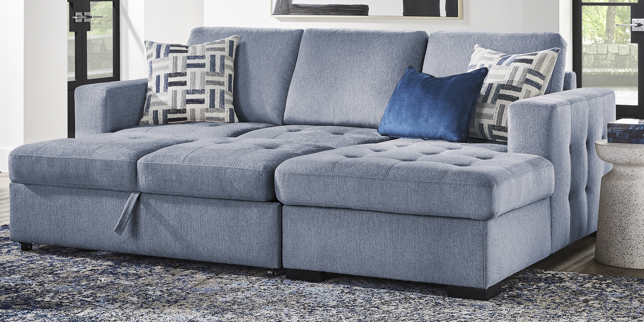 Geneva Blue 5 Pc Sleeper Sectional Living Room - Thumbnail - Image 2