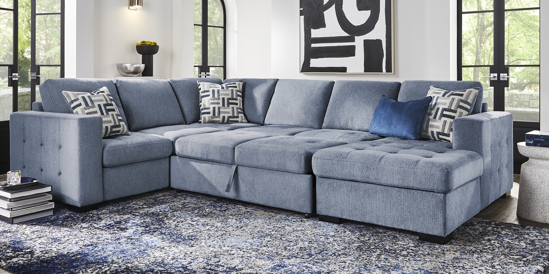 Geneva Blue 6 Pc Sleeper Sectional Living Room - Thumbnail - Image 2