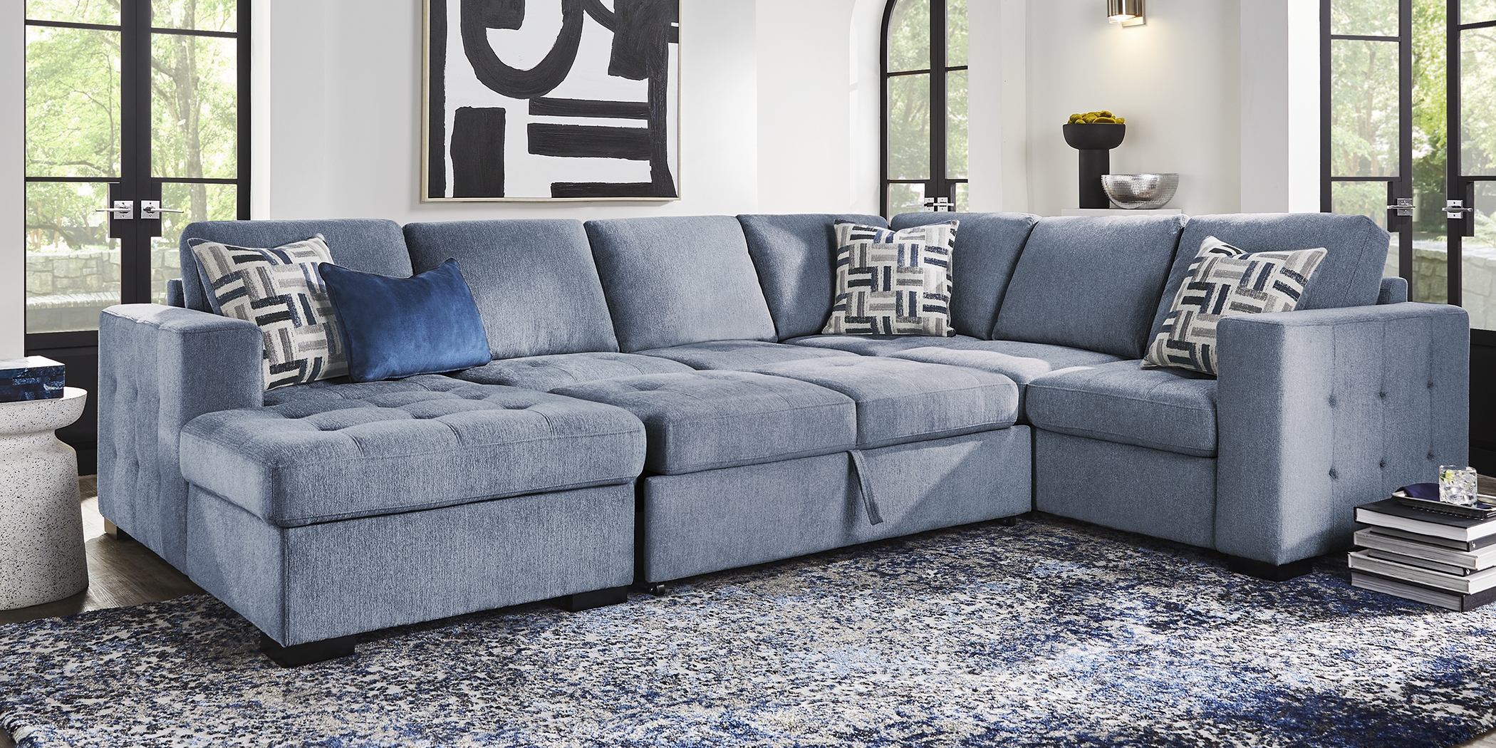 Geneva Blue 6 Pc Sleeper Sectional Living Room - Thumbnail - Image 2