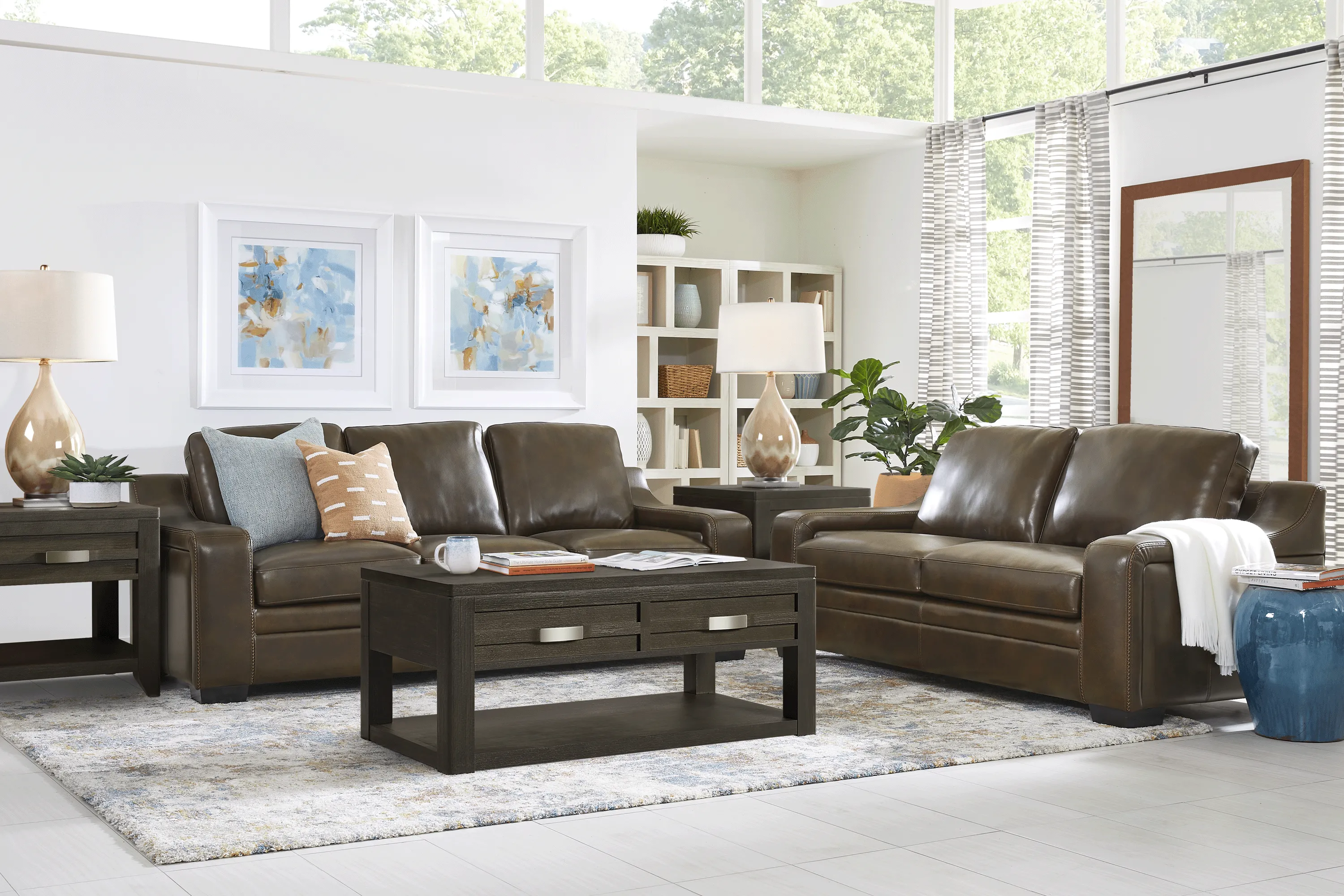 Gisella Brown Leather 5 Pc Living Room with Gel Foam Sleeper Sofa - Thumbnail - Image 1