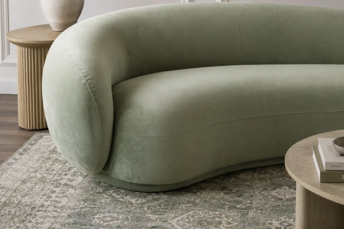 A sage green curved velvet sofa sits on a patterned rug next to a fluted wooden side table and a round coffee table.