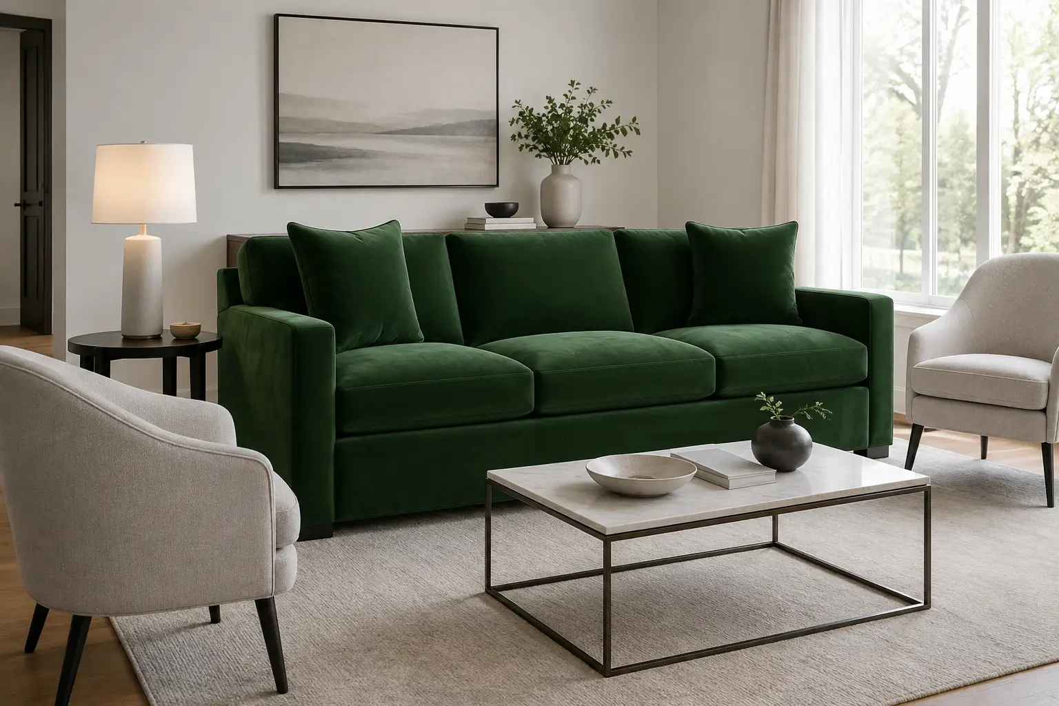 A deep green velvet sofa sits in a bright living room with two light gray armchairs and a marble-topped coffee table.