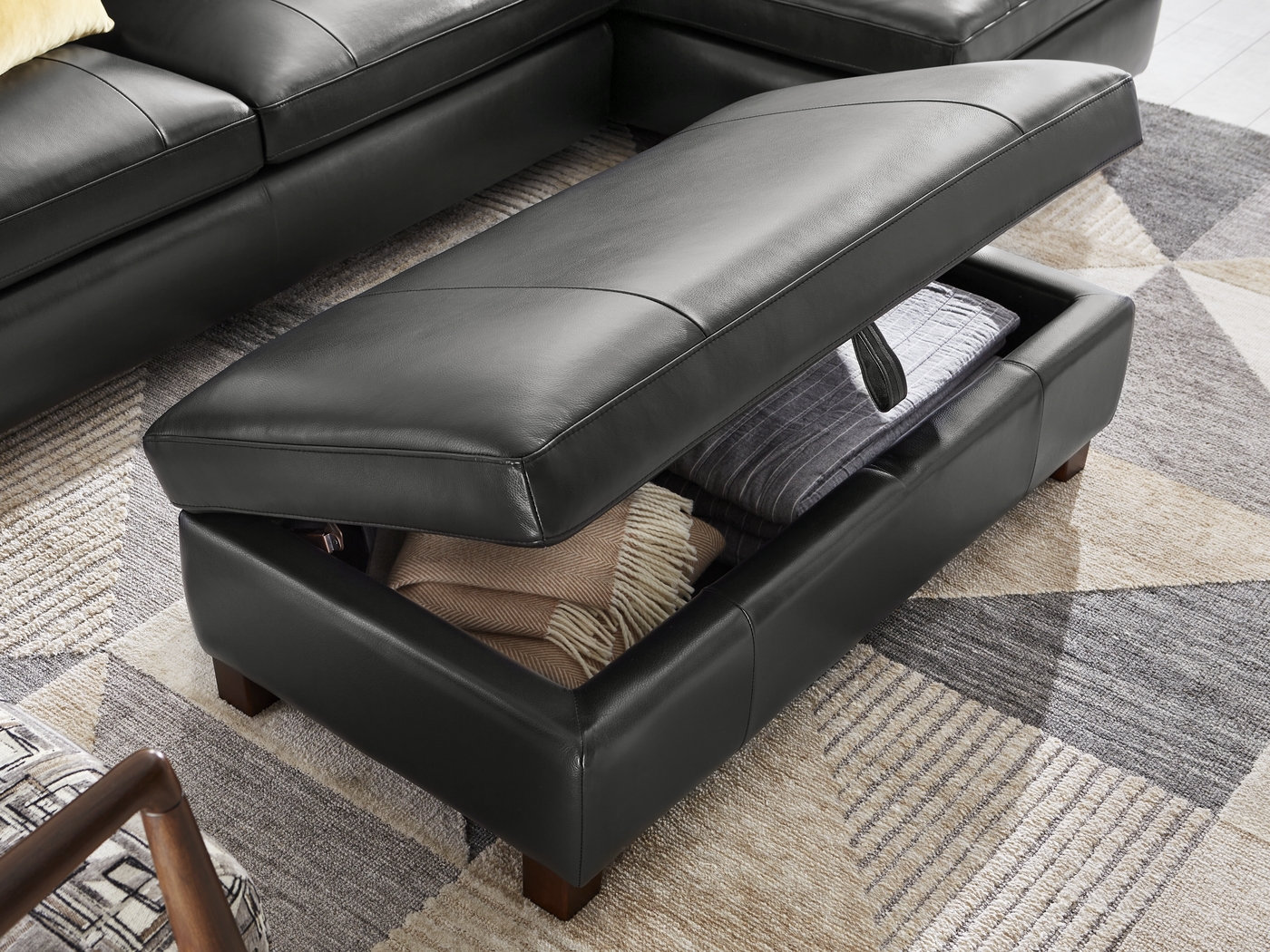 Greenwich Loft Black Leather Storage Ottoman - Thumbnail - Image 4