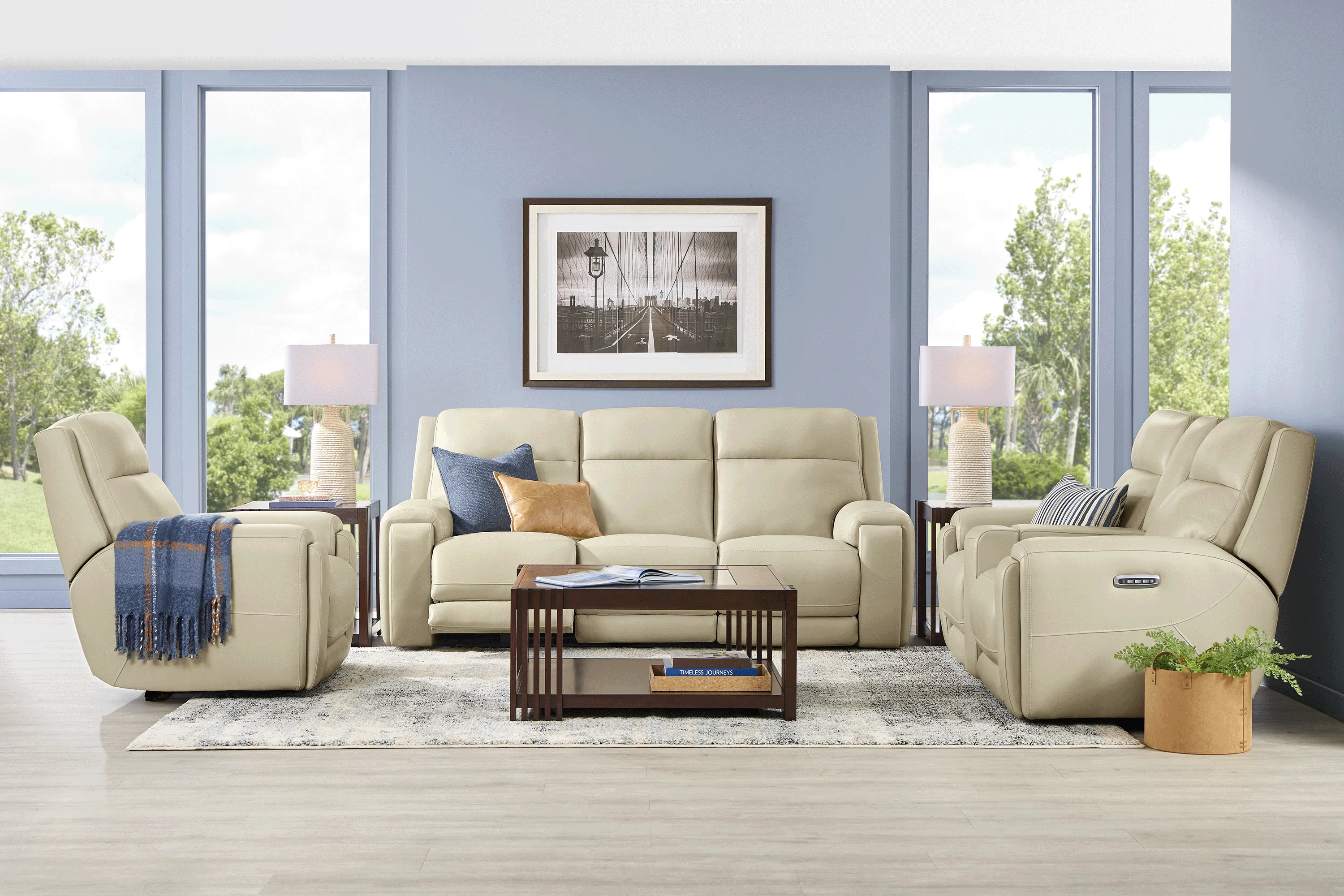 Hammond Park Beige Leather 5 Pc Triple Power Reclining Living Room - Thumbnail - Image 1