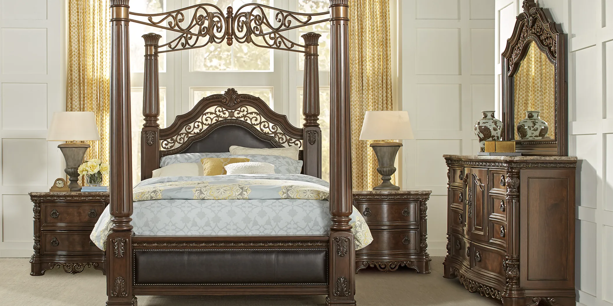 Handly Manor Pecan 8 Pc King Canopy Bedroom - Thumbnail - Image 1