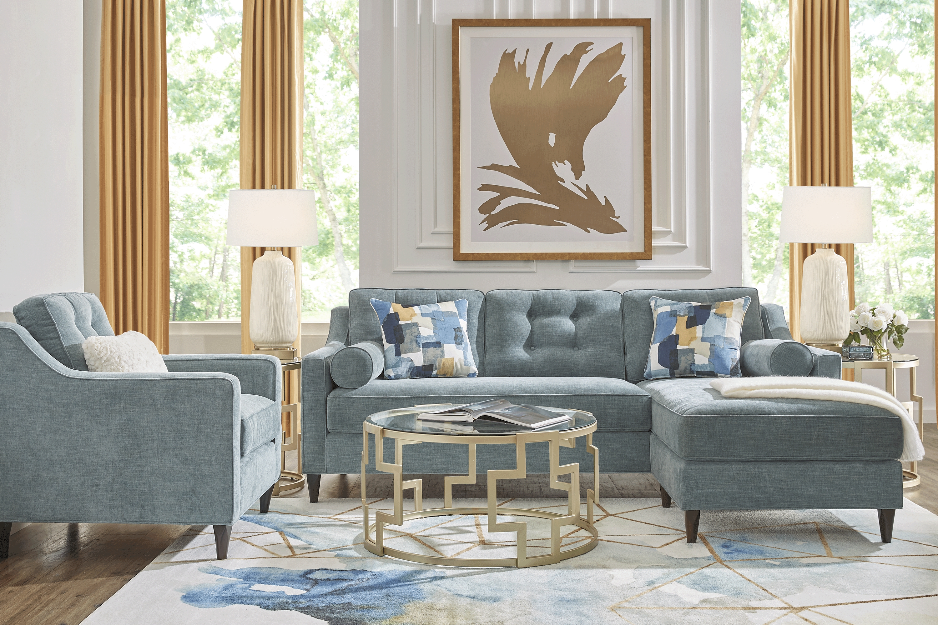 Hanover Teal Chenille 5 Pc Sectional Living Room - Thumbnail - Image 1