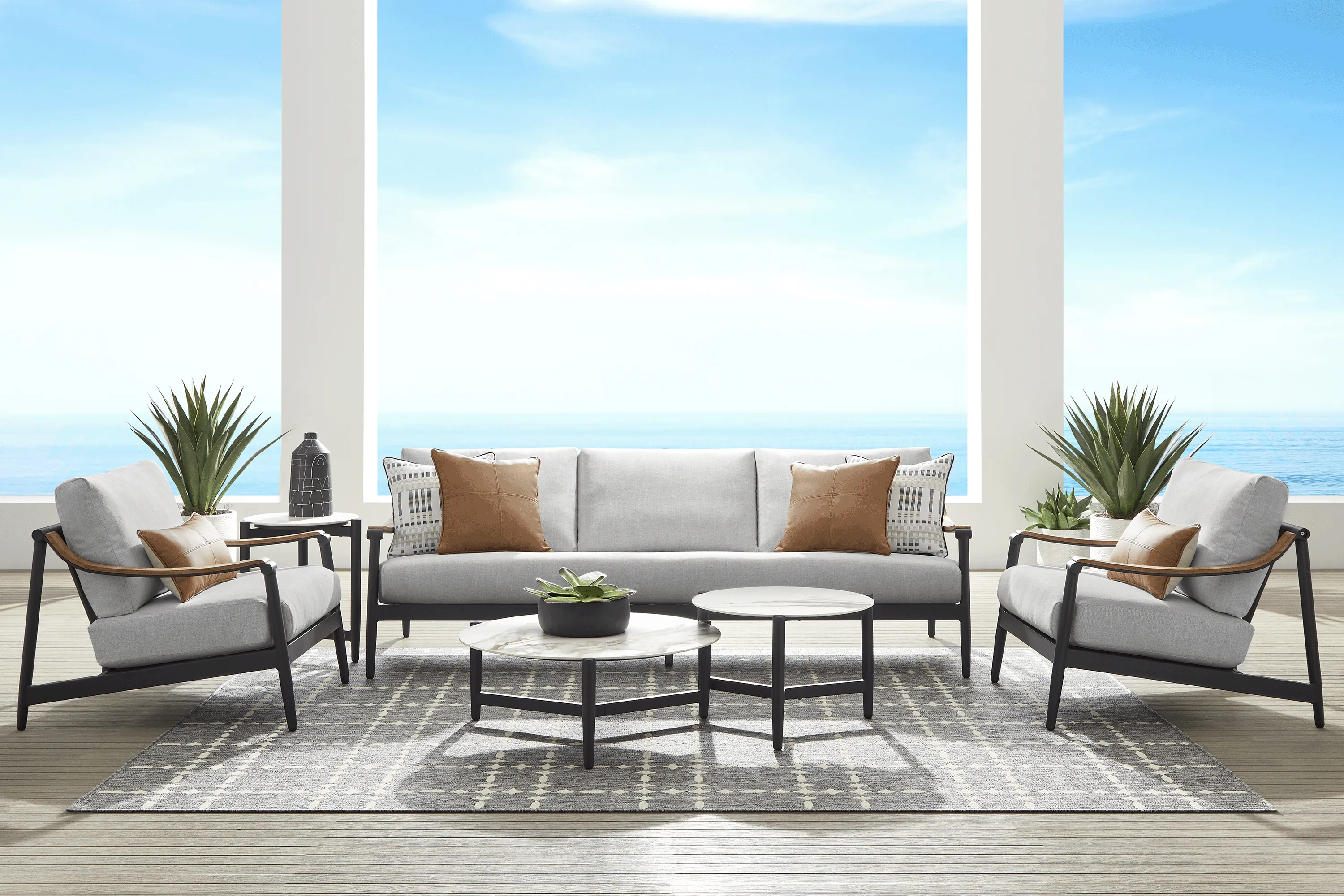 Harlowe Black 3 Pc Outdoor Seating Set with Dove Cushions - Thumbnail - Image 1