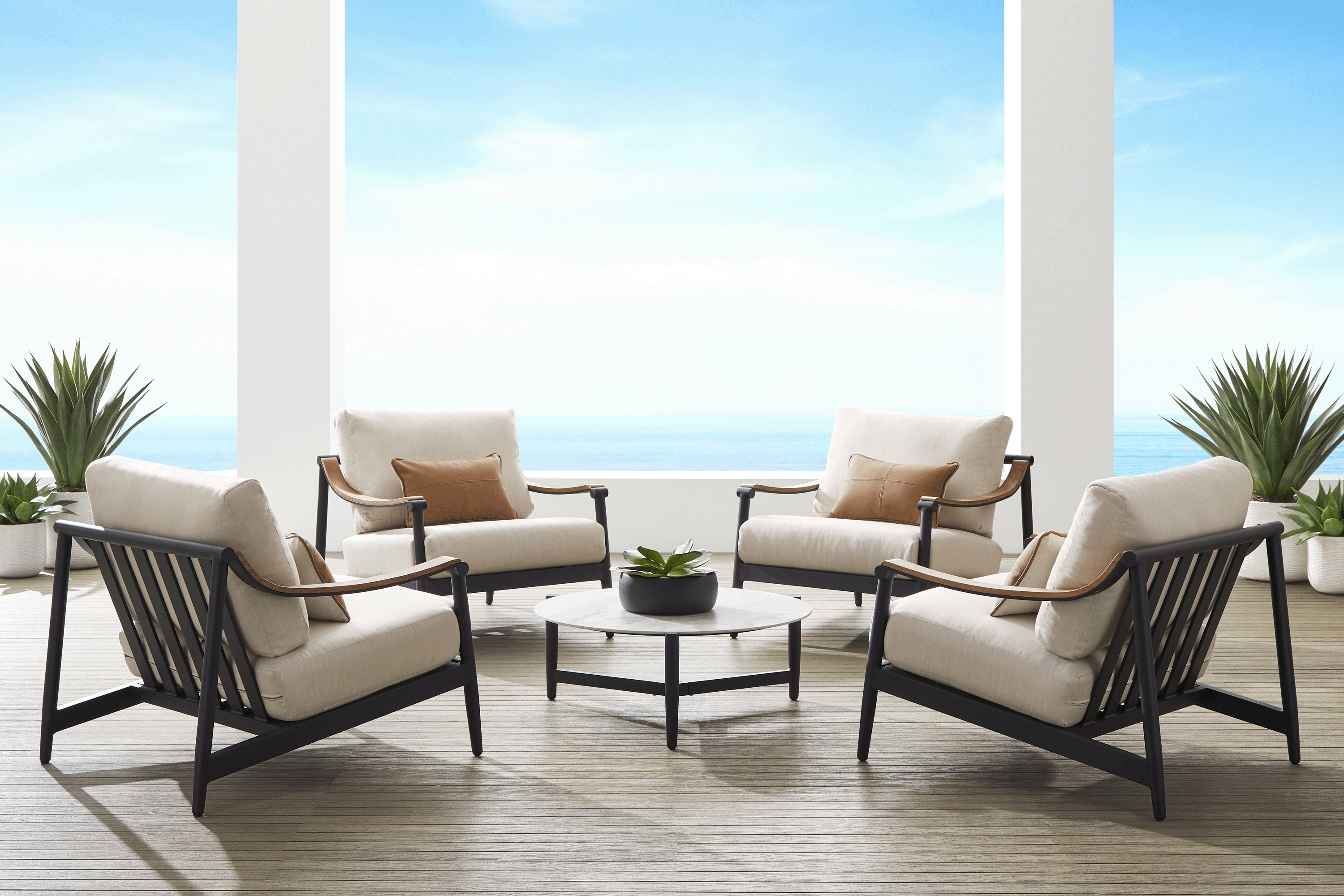 Harlowe Black 5 Pc Outdoor Chat Set with Flax Cushions - Thumbnail - Image 1