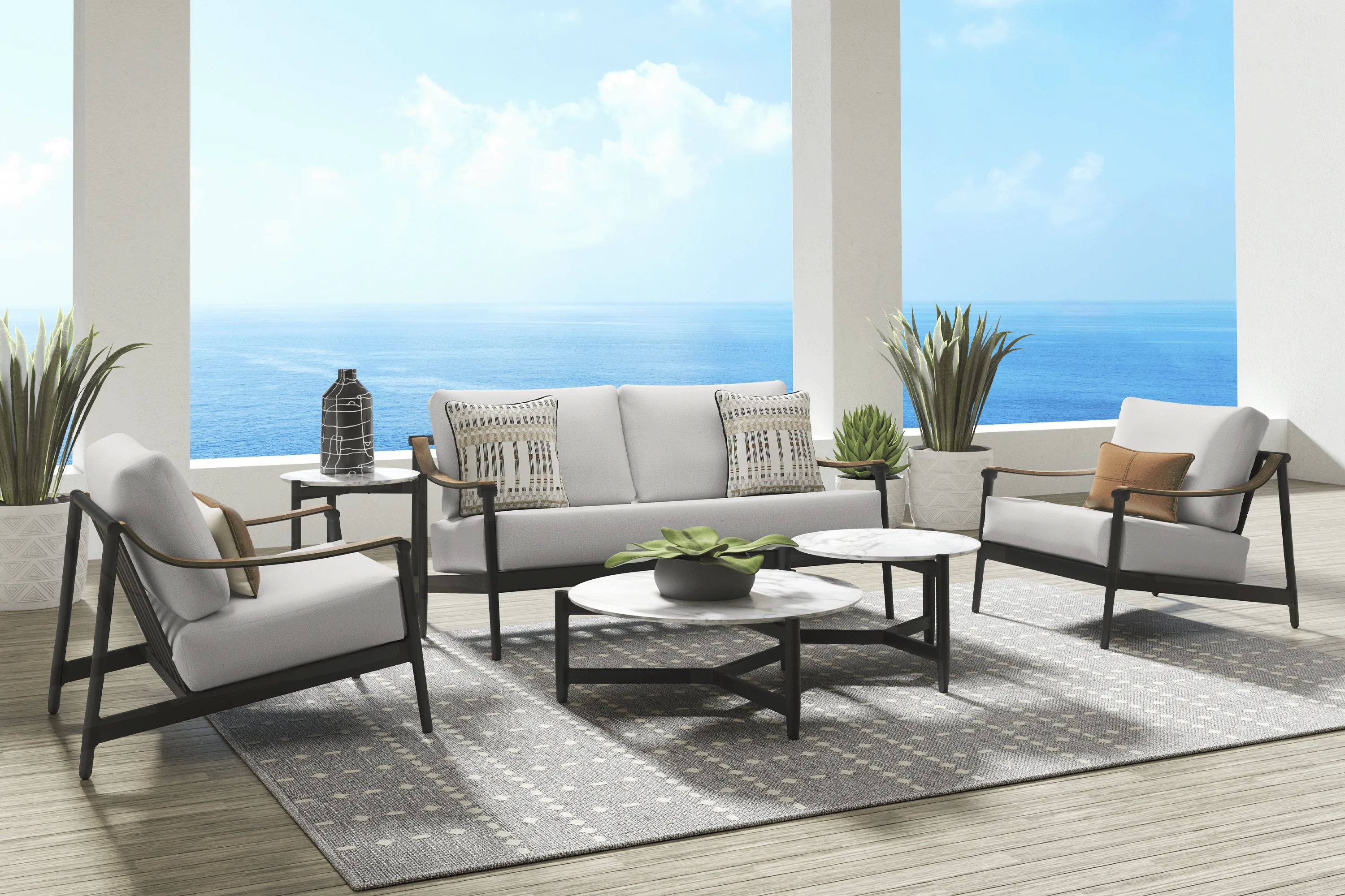 Harlowe Black 5 Pc Outdoor Loveseat Seating Set with Dove Cushions - Thumbnail - Image 1