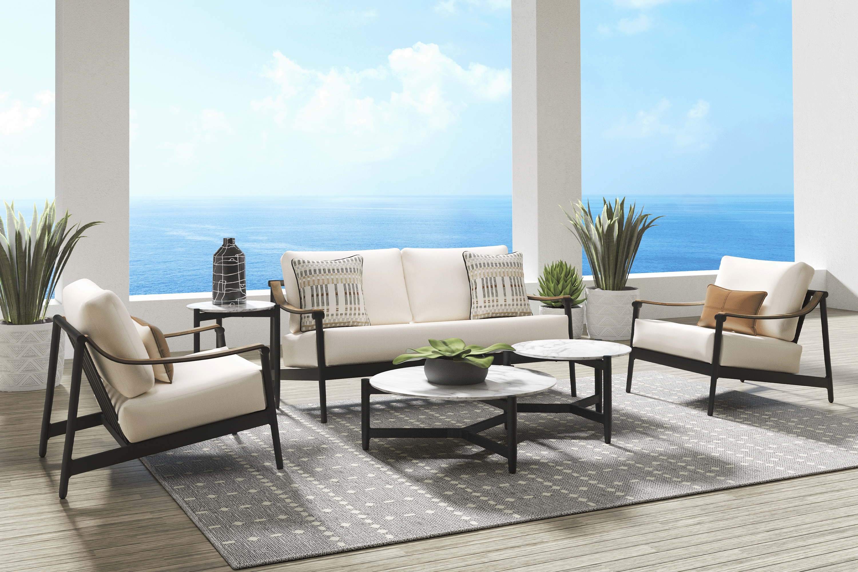 Harlowe Black Outdoor Club Chair with Flax Cushions - Thumbnail - Image 2