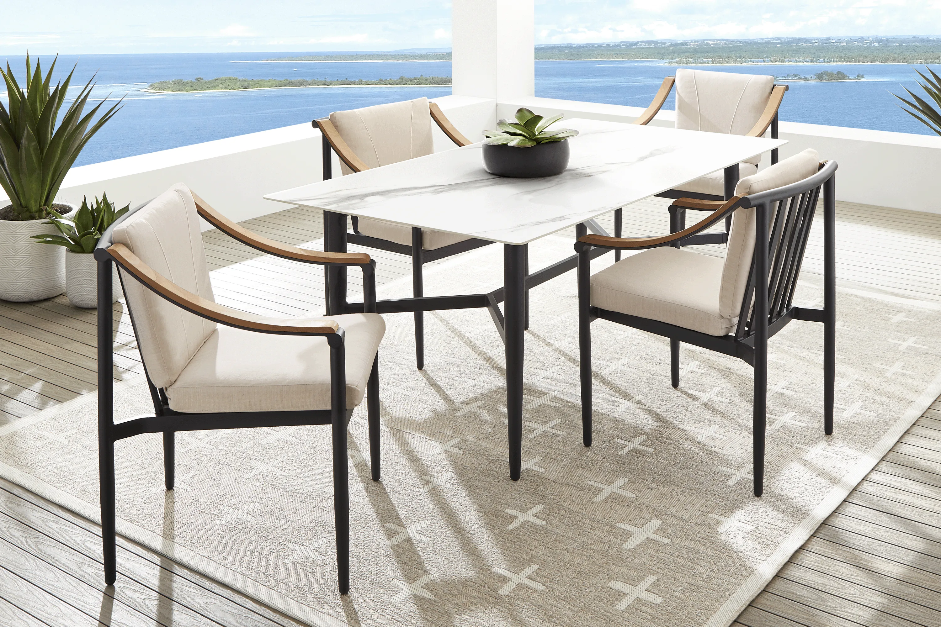 Harlowe Black 5 Pc Outdoor Rectangle Dining Set with Flax Cushions - Thumbnail - Image 1